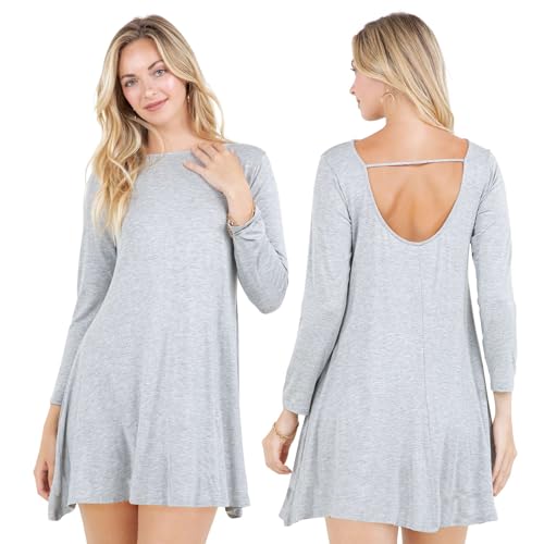 Azules Women's Long Sleeve Tunic Dress Casual Boat Neck Swing Dress with Scoop Back