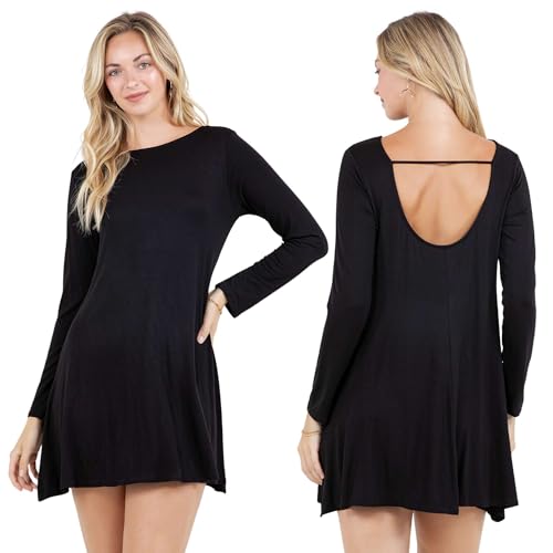 Azules Women's Long Sleeve Tunic Dress Casual Boat Neck Swing Dress with Scoop Back