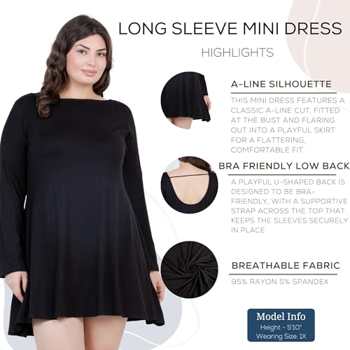 Azules Women's Long Sleeve Tunic Dress Casual Boat Neck Swing Dress with Scoop Back