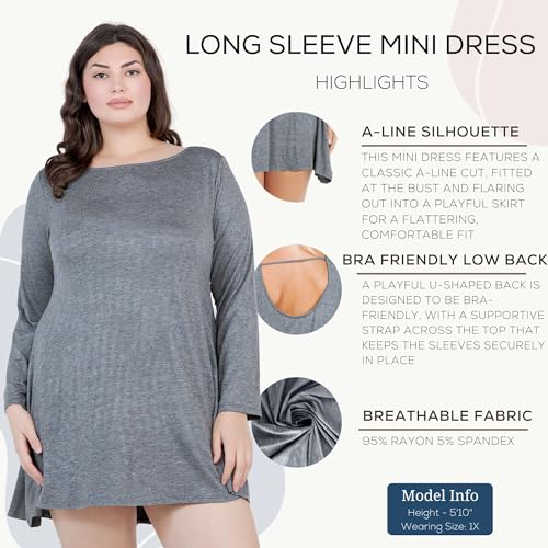 Azules Women's Long Sleeve Tunic Dress Casual Boat Neck Swing Dress with Scoop Back