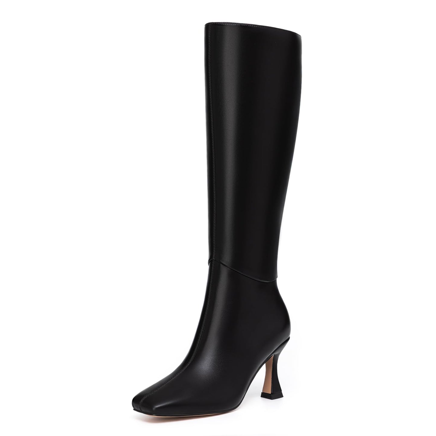 Athlefit Women's Kitten Heel Knee High Boots Square Toe High Heel Sexy Tall Boots with Side Zipper