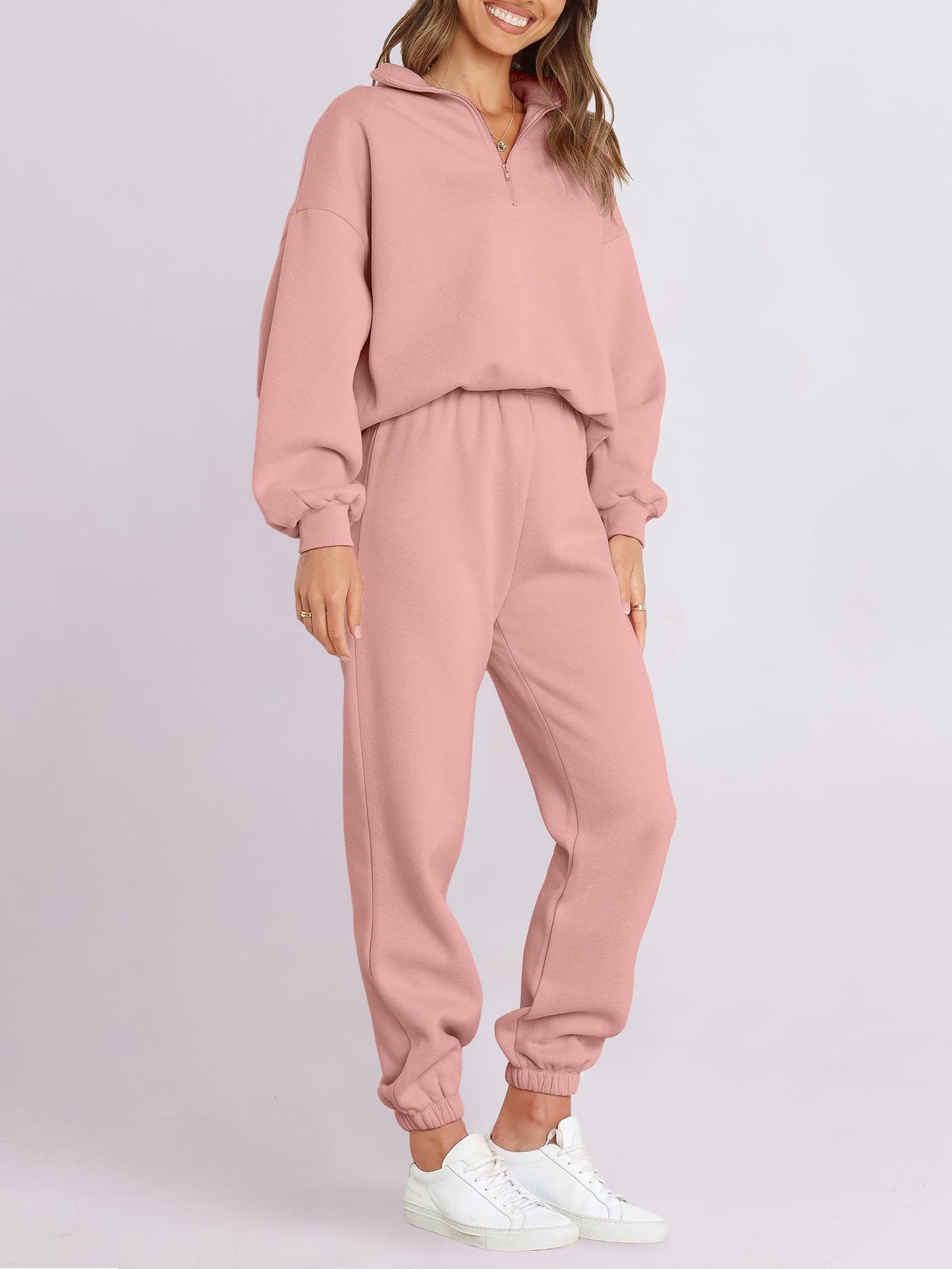 ANRABESS Women 2 Piece Outfits Sweatsuit Oversized Half Zip Sweatshirt Jogger Sweatpants Tracksuit Lounge Set 2025 Clothes