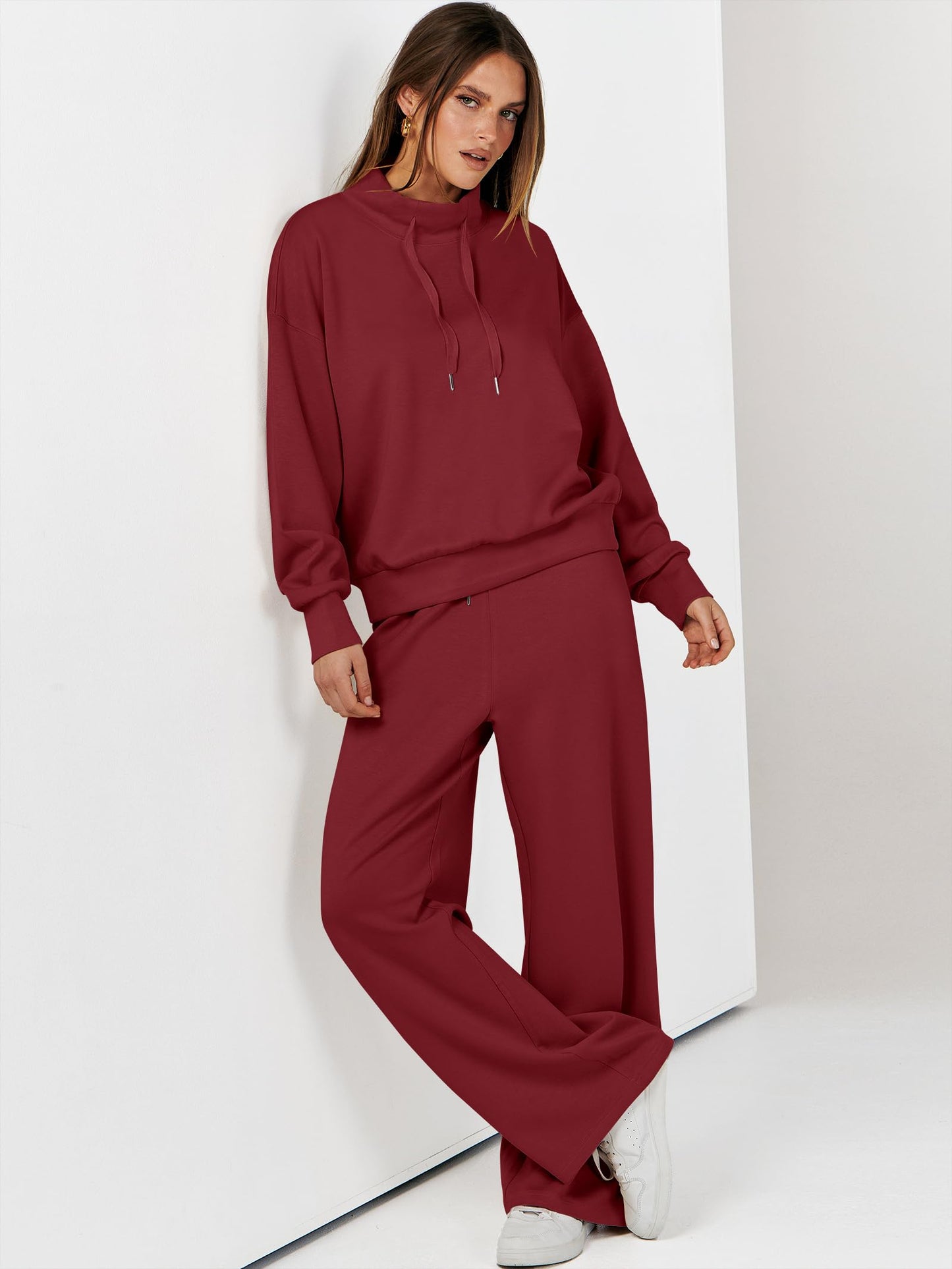 ANRABESS Womens 2 Piece Outfits Sweatsuit Set 2025 Fall Drawstring Sweatshirt Wide Leg Sweatpant Lounge Set Tracksuit