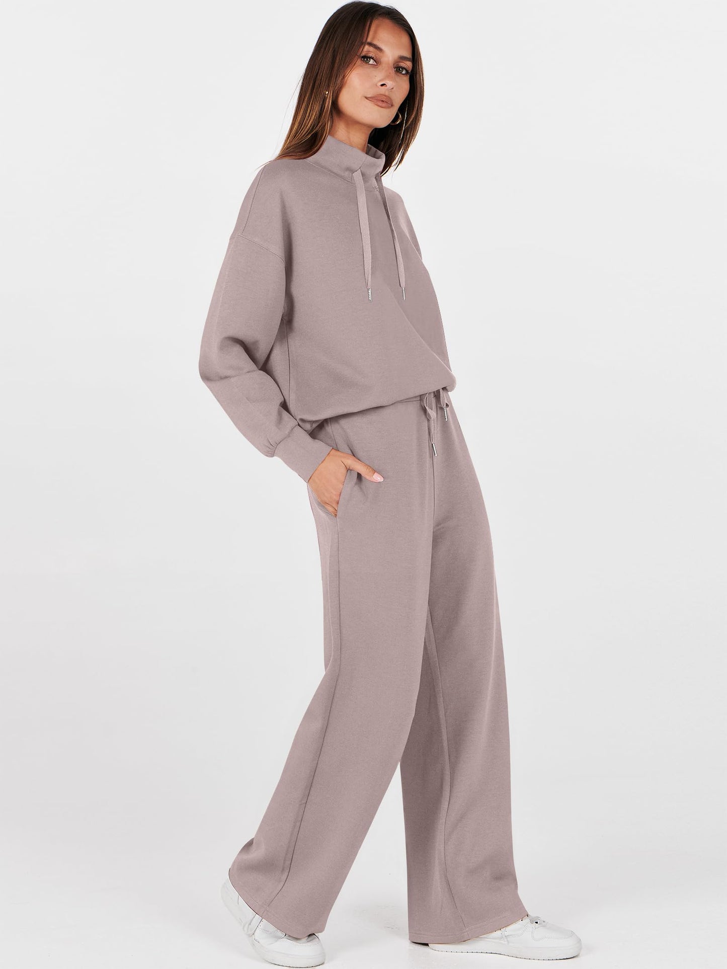ANRABESS Womens 2 Piece Outfits Sweatsuit Set 2025 Fall Drawstring Sweatshirt Wide Leg Sweatpant Lounge Set Tracksuit