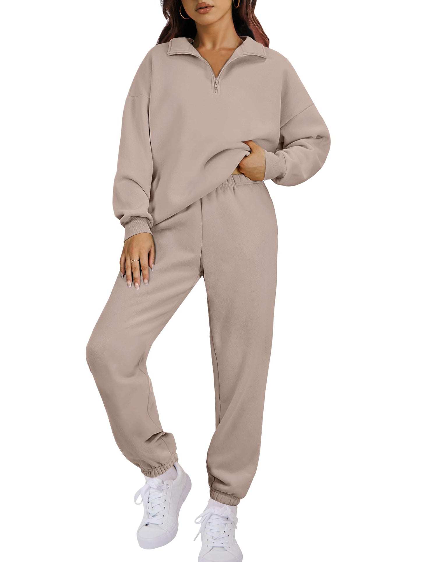 ANRABESS Women 2 Piece Outfits Sweatsuit Oversized Half Zip Sweatshirt Jogger Sweatpants Tracksuit Lounge Set 2025 Clothes