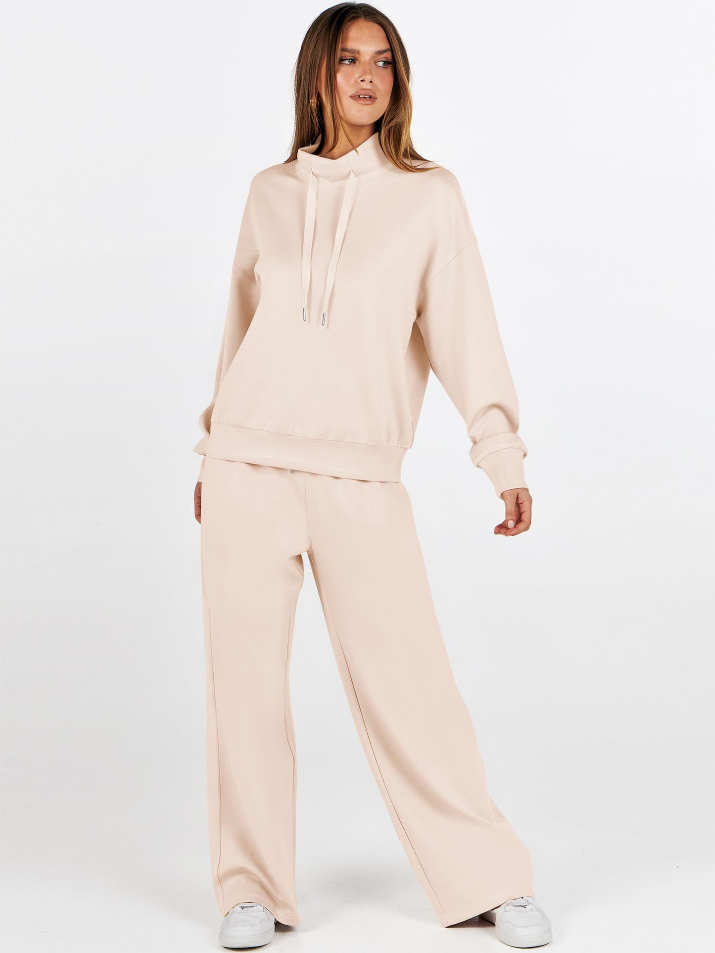 ANRABESS Womens 2 Piece Outfits Sweatsuit Set 2025 Fall Drawstring Sweatshirt Wide Leg Sweatpant Lounge Set Tracksuit