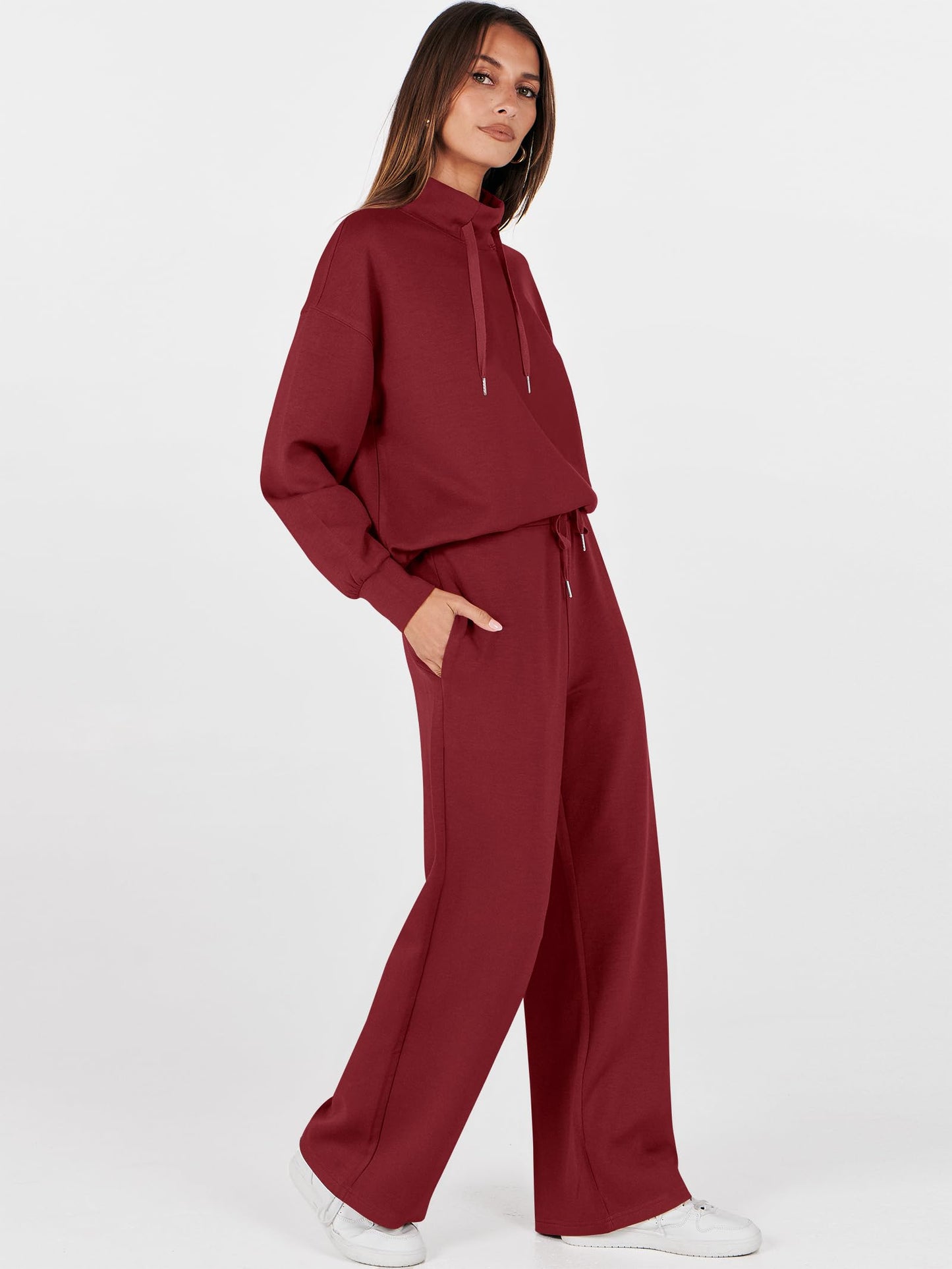 ANRABESS Womens 2 Piece Outfits Sweatsuit Set 2025 Fall Drawstring Sweatshirt Wide Leg Sweatpant Lounge Set Tracksuit
