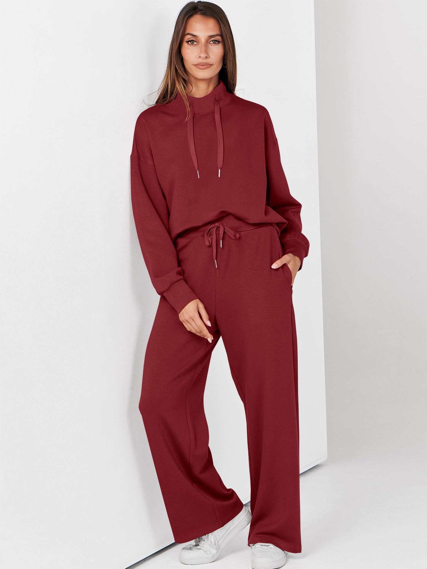 ANRABESS Womens 2 Piece Outfits Sweatsuit Set 2025 Fall Drawstring Sweatshirt Wide Leg Sweatpant Lounge Set Tracksuit