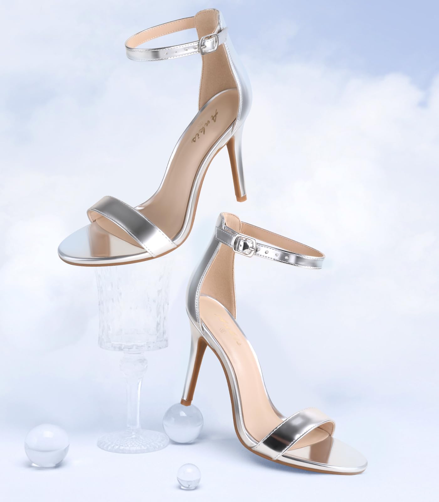 Ankis High Heels for Women 4 Inches, Black Nude Gold Stiletto Heels Open Toe Ankle Strap Heeled Sandals for Dressy Wedding Party