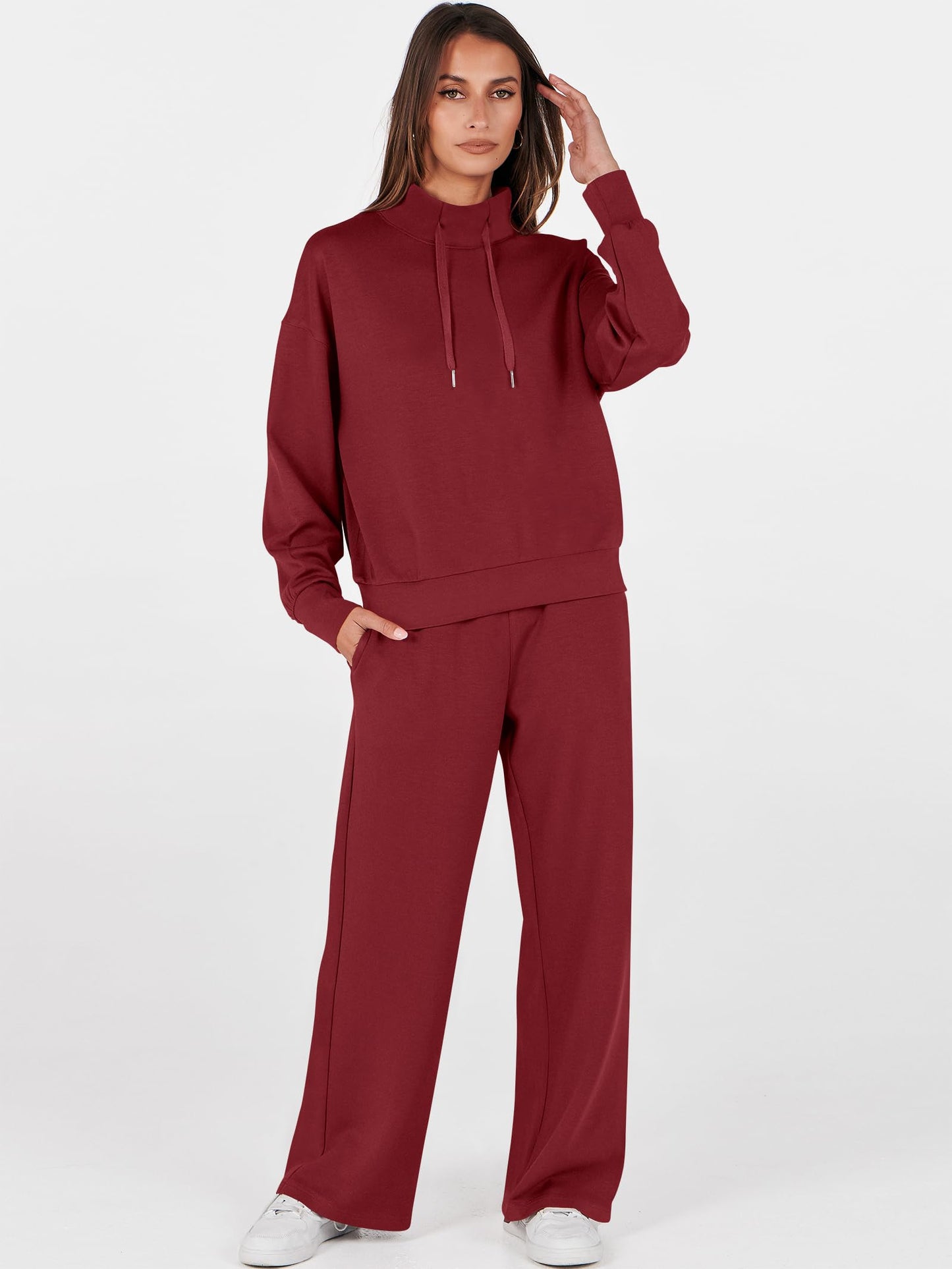 ANRABESS Womens 2 Piece Outfits Sweatsuit Set 2025 Fall Drawstring Sweatshirt Wide Leg Sweatpant Lounge Set Tracksuit