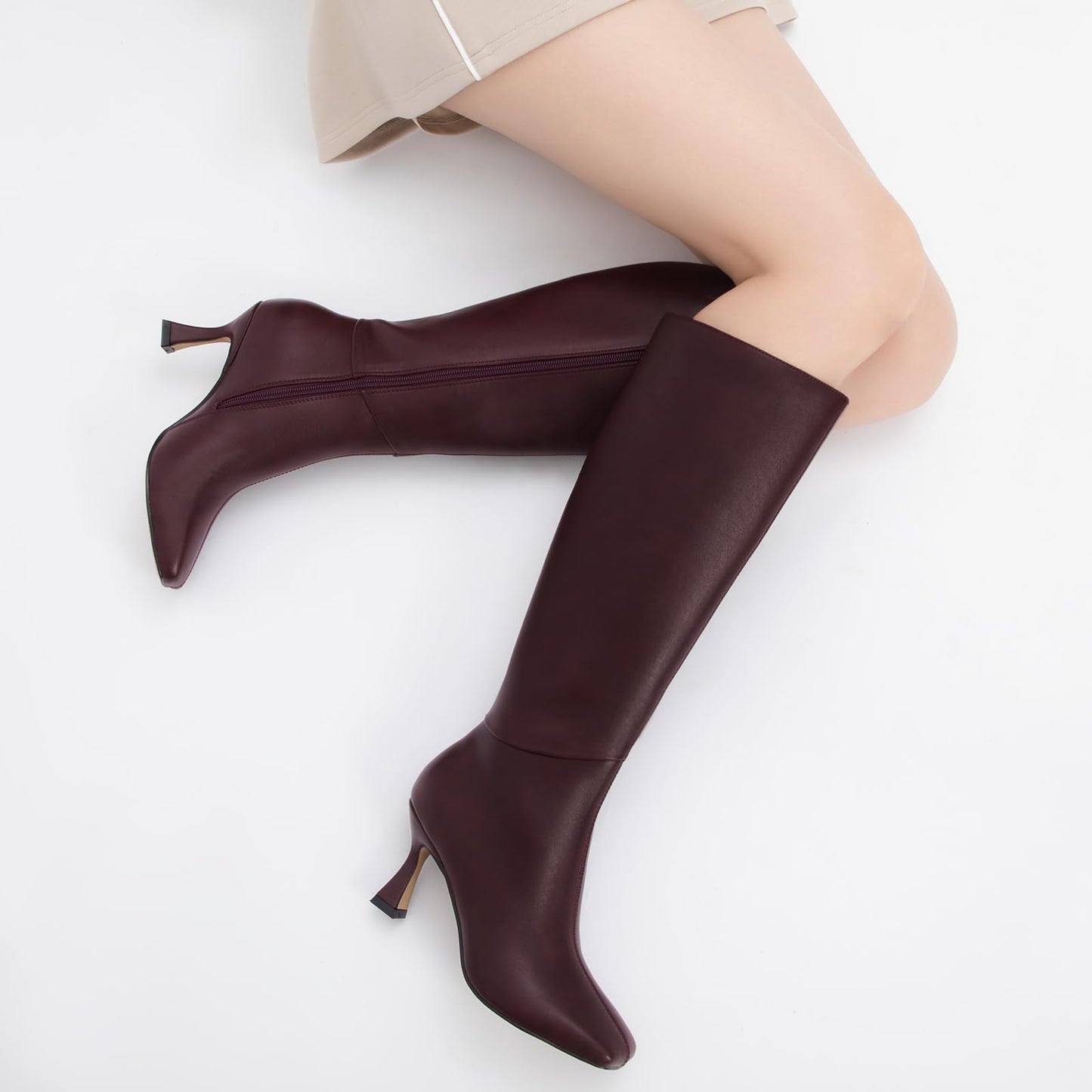 Athlefit Women's Kitten Heel Knee High Boots Square Toe High Heel Sexy Tall Boots with Side Zipper