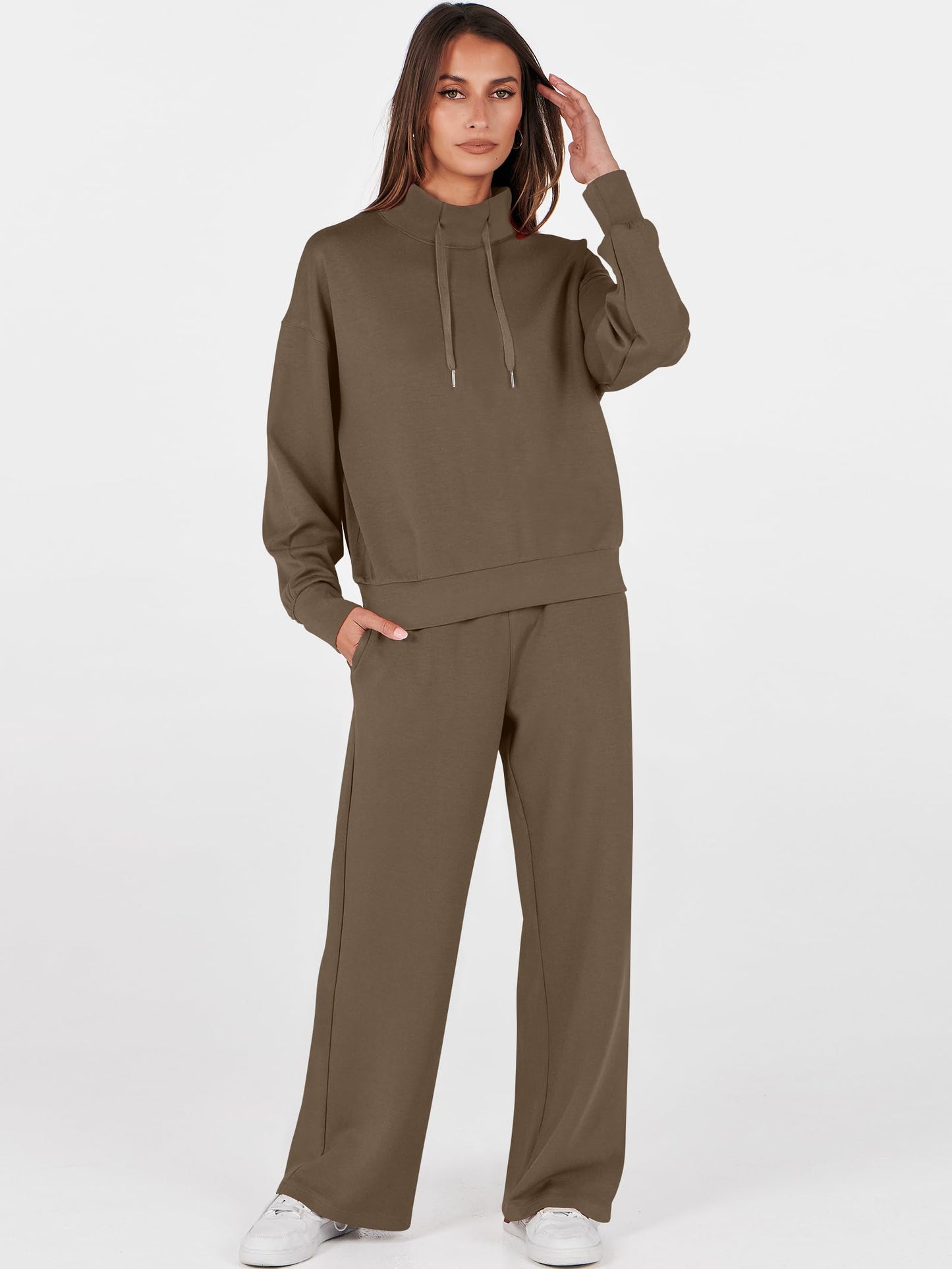 ANRABESS Womens 2 Piece Outfits Sweatsuit Set 2025 Fall Drawstring Sweatshirt Wide Leg Sweatpant Lounge Set Tracksuit