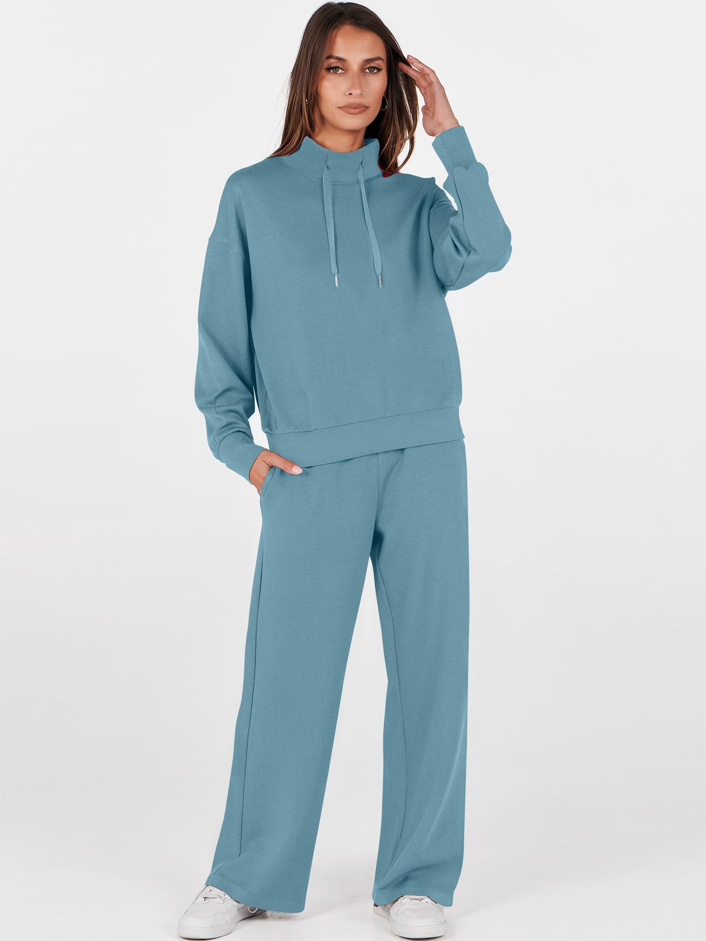 ANRABESS Womens 2 Piece Outfits Sweatsuit Set 2025 Fall Drawstring Sweatshirt Wide Leg Sweatpant Lounge Set Tracksuit