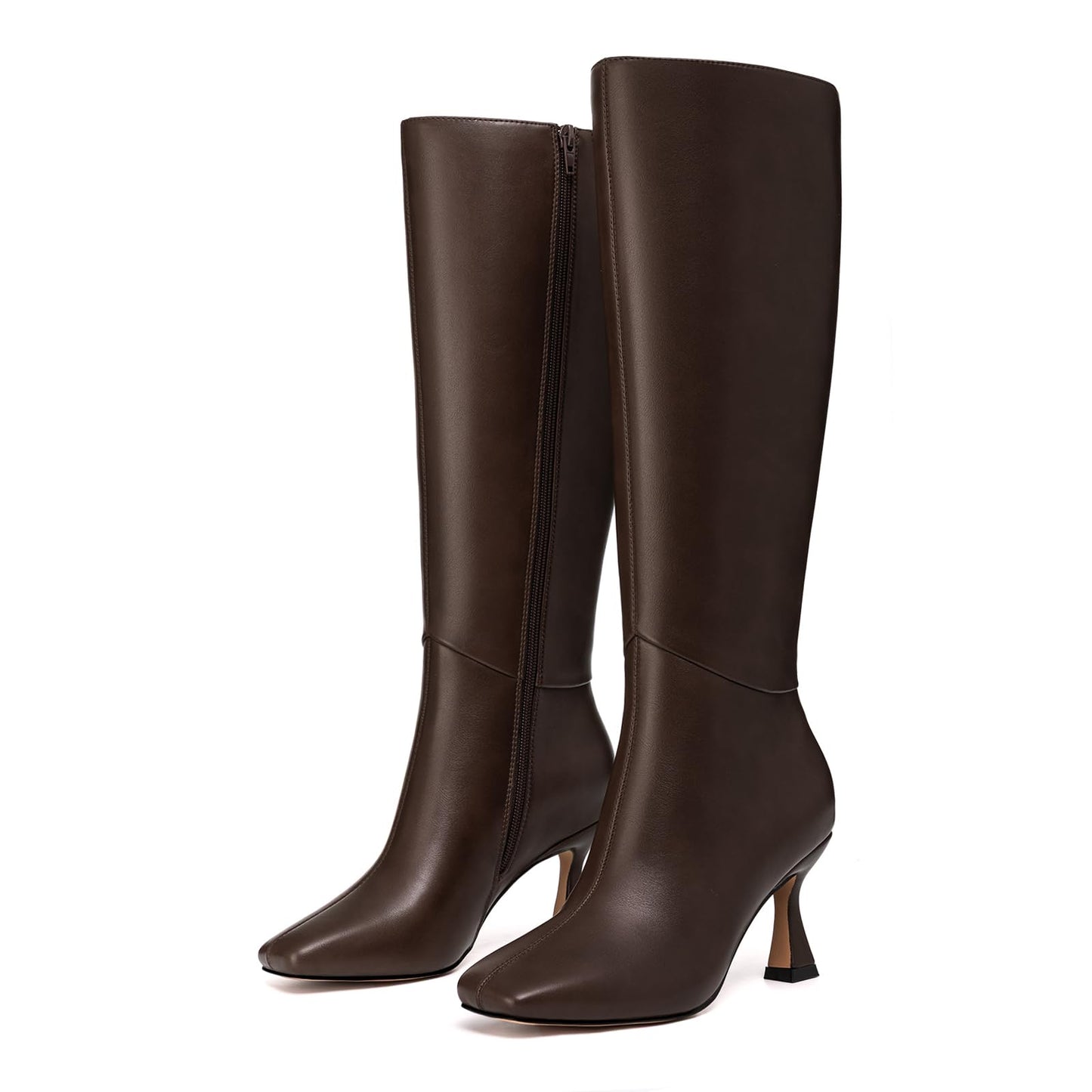 Athlefit Women's Kitten Heel Knee High Boots Square Toe High Heel Sexy Tall Boots with Side Zipper