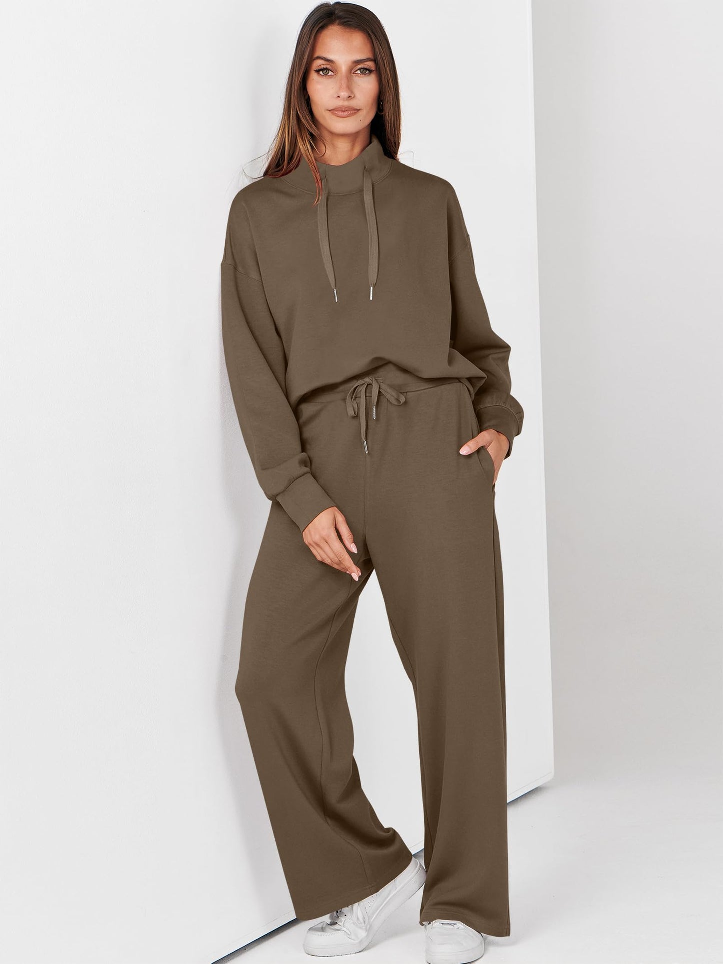 ANRABESS Womens 2 Piece Outfits Sweatsuit Set 2025 Fall Drawstring Sweatshirt Wide Leg Sweatpant Lounge Set Tracksuit
