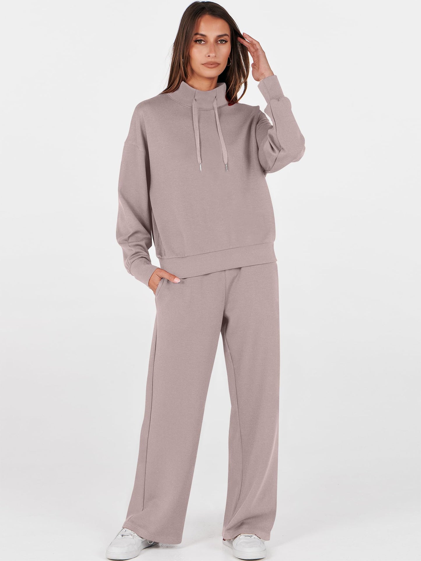 ANRABESS Womens 2 Piece Outfits Sweatsuit Set 2025 Fall Drawstring Sweatshirt Wide Leg Sweatpant Lounge Set Tracksuit