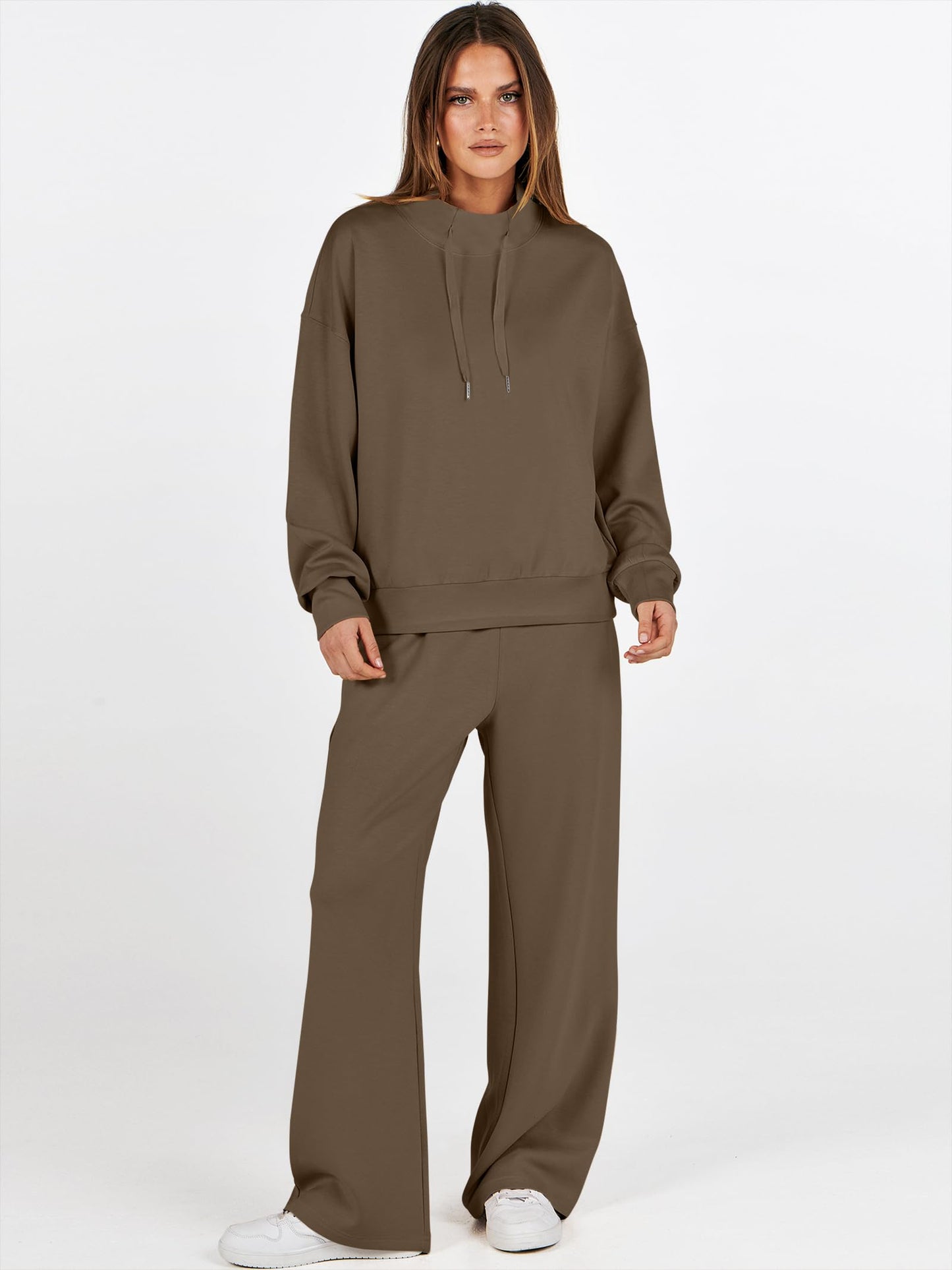 ANRABESS Womens 2 Piece Outfits Sweatsuit Set 2025 Fall Drawstring Sweatshirt Wide Leg Sweatpant Lounge Set Tracksuit