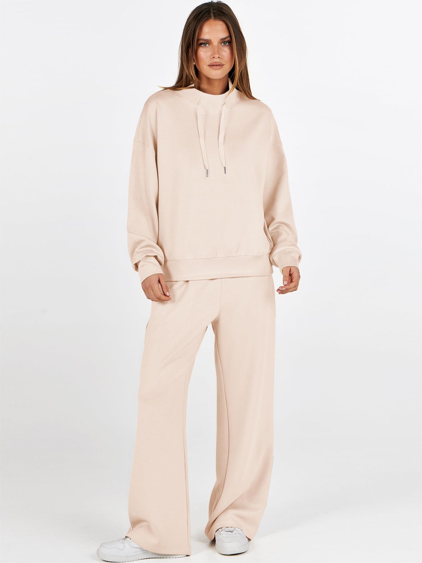 ANRABESS Womens 2 Piece Outfits Sweatsuit Set 2025 Fall Drawstring Sweatshirt Wide Leg Sweatpant Lounge Set Tracksuit