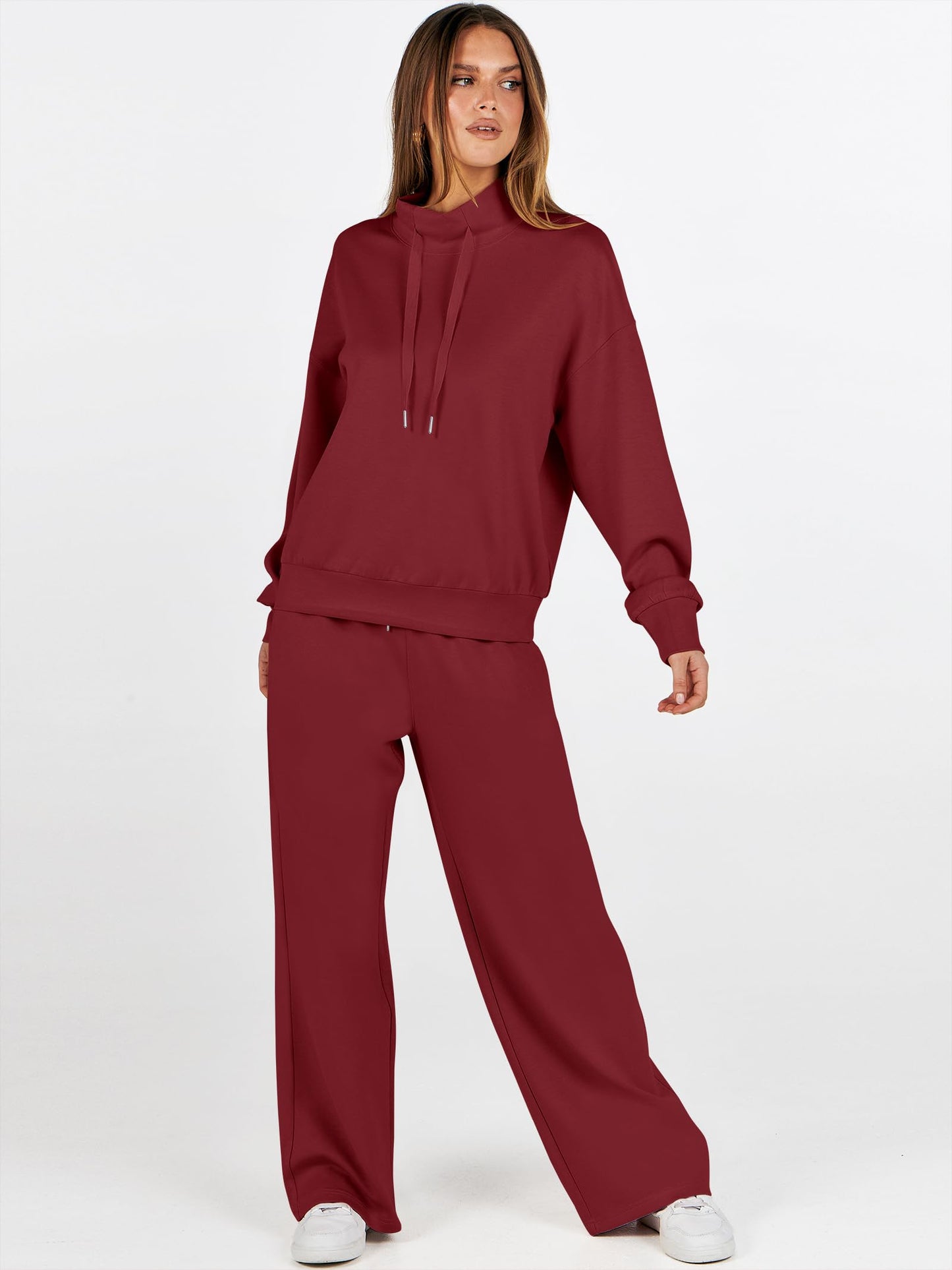 ANRABESS Womens 2 Piece Outfits Sweatsuit Set 2025 Fall Drawstring Sweatshirt Wide Leg Sweatpant Lounge Set Tracksuit