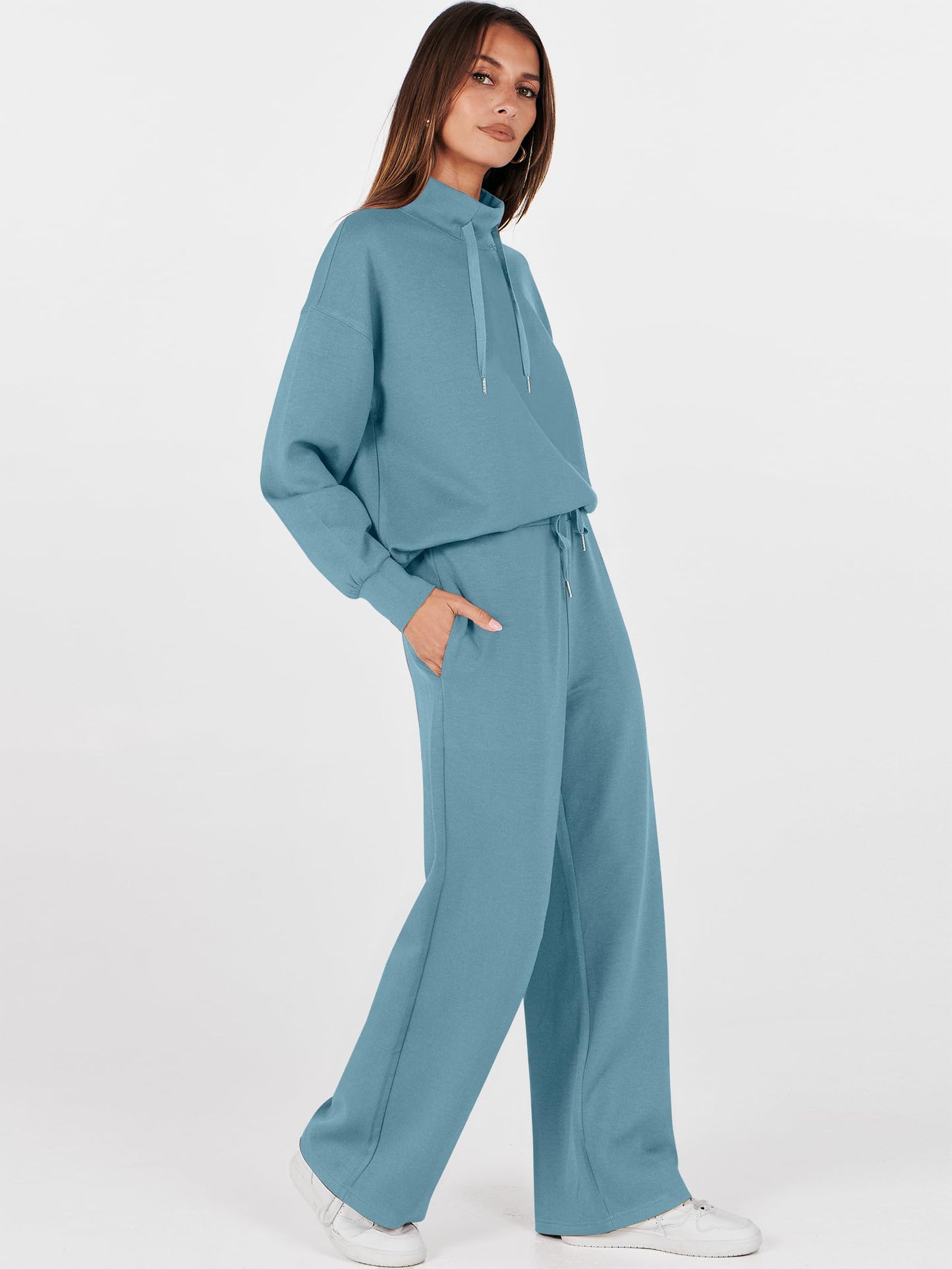 ANRABESS Womens 2 Piece Outfits Sweatsuit Set 2025 Fall Drawstring Sweatshirt Wide Leg Sweatpant Lounge Set Tracksuit