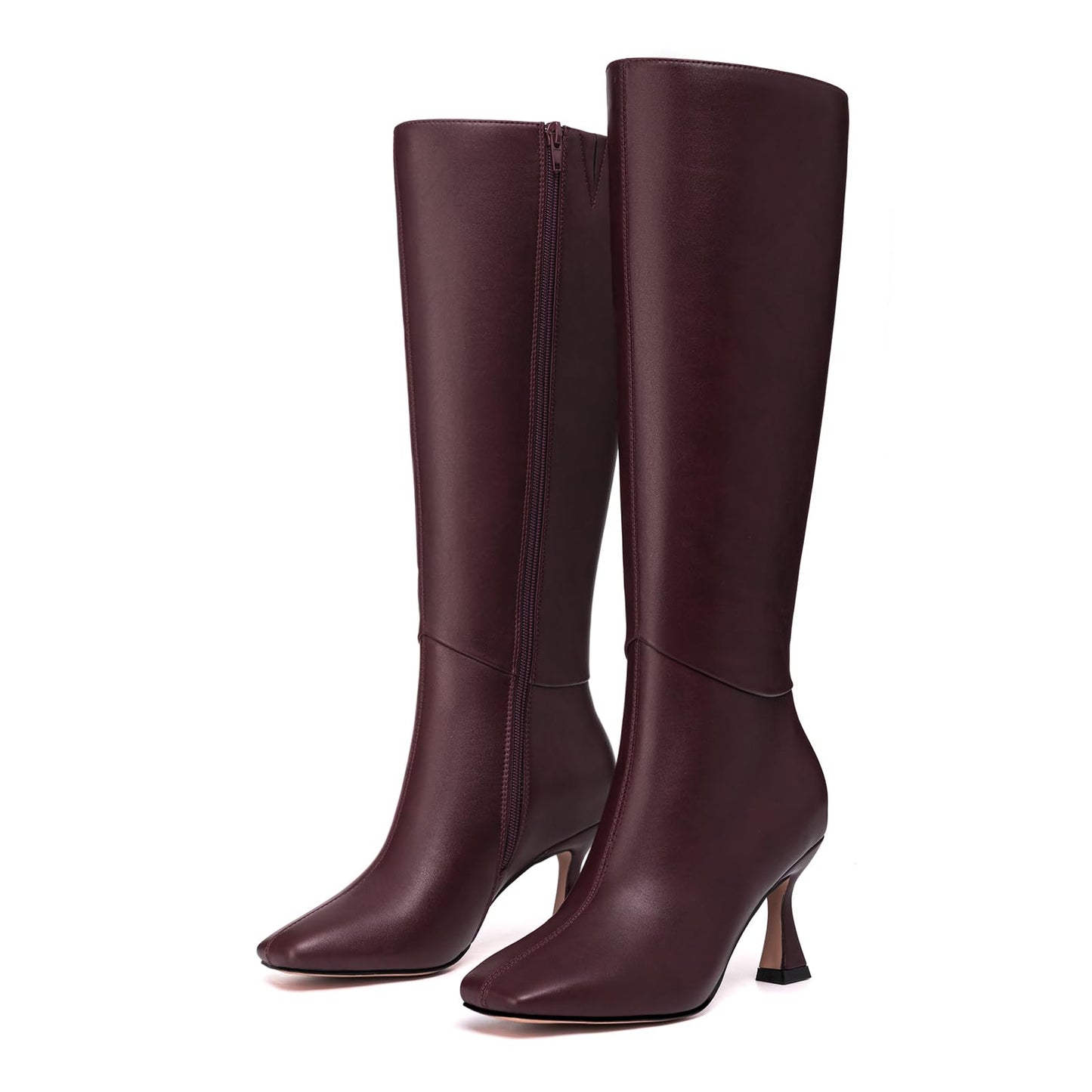 Athlefit Women's Kitten Heel Knee High Boots Square Toe High Heel Sexy Tall Boots with Side Zipper
