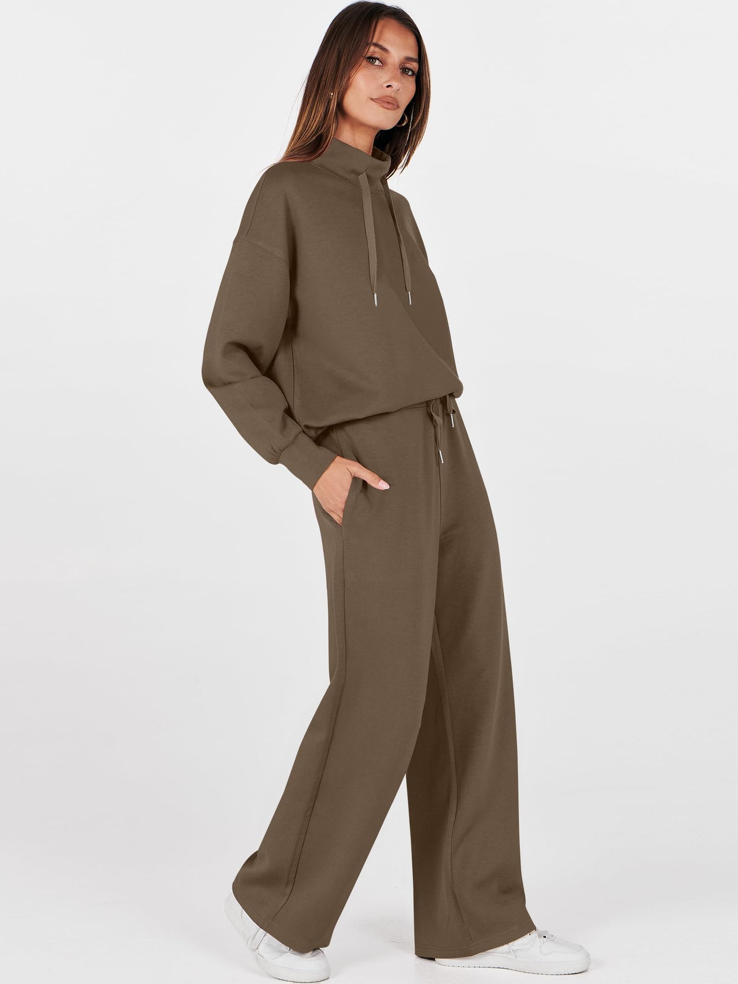 ANRABESS Womens 2 Piece Outfits Sweatsuit Set 2025 Fall Drawstring Sweatshirt Wide Leg Sweatpant Lounge Set Tracksuit