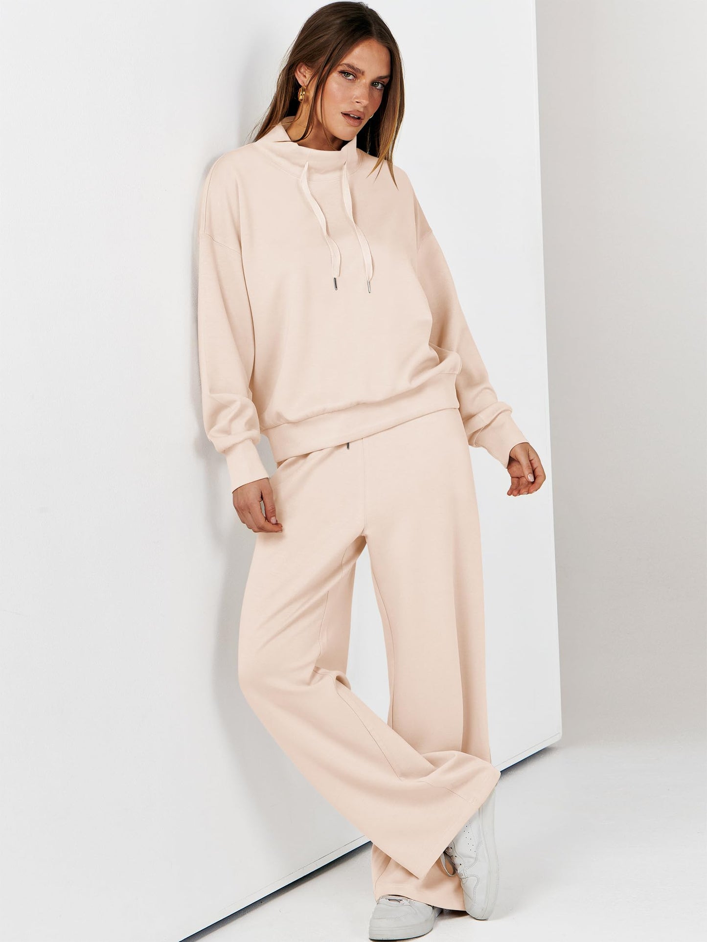 ANRABESS Womens 2 Piece Outfits Sweatsuit Set 2025 Fall Drawstring Sweatshirt Wide Leg Sweatpant Lounge Set Tracksuit