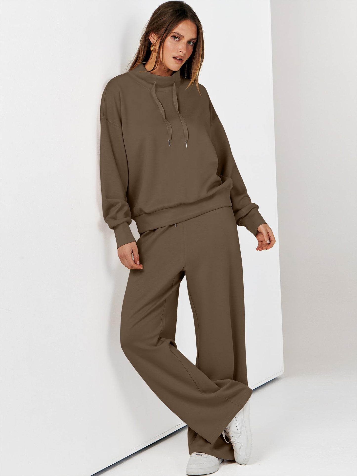 ANRABESS Womens 2 Piece Outfits Sweatsuit Set 2025 Fall Drawstring Sweatshirt Wide Leg Sweatpant Lounge Set Tracksuit