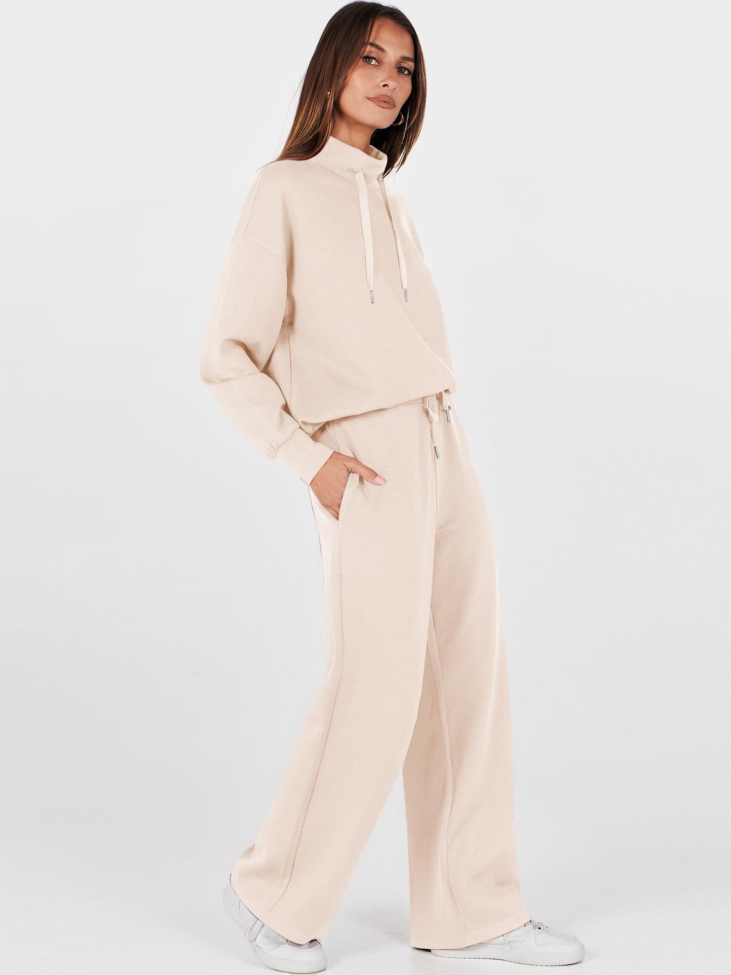 ANRABESS Womens 2 Piece Outfits Sweatsuit Set 2025 Fall Drawstring Sweatshirt Wide Leg Sweatpant Lounge Set Tracksuit