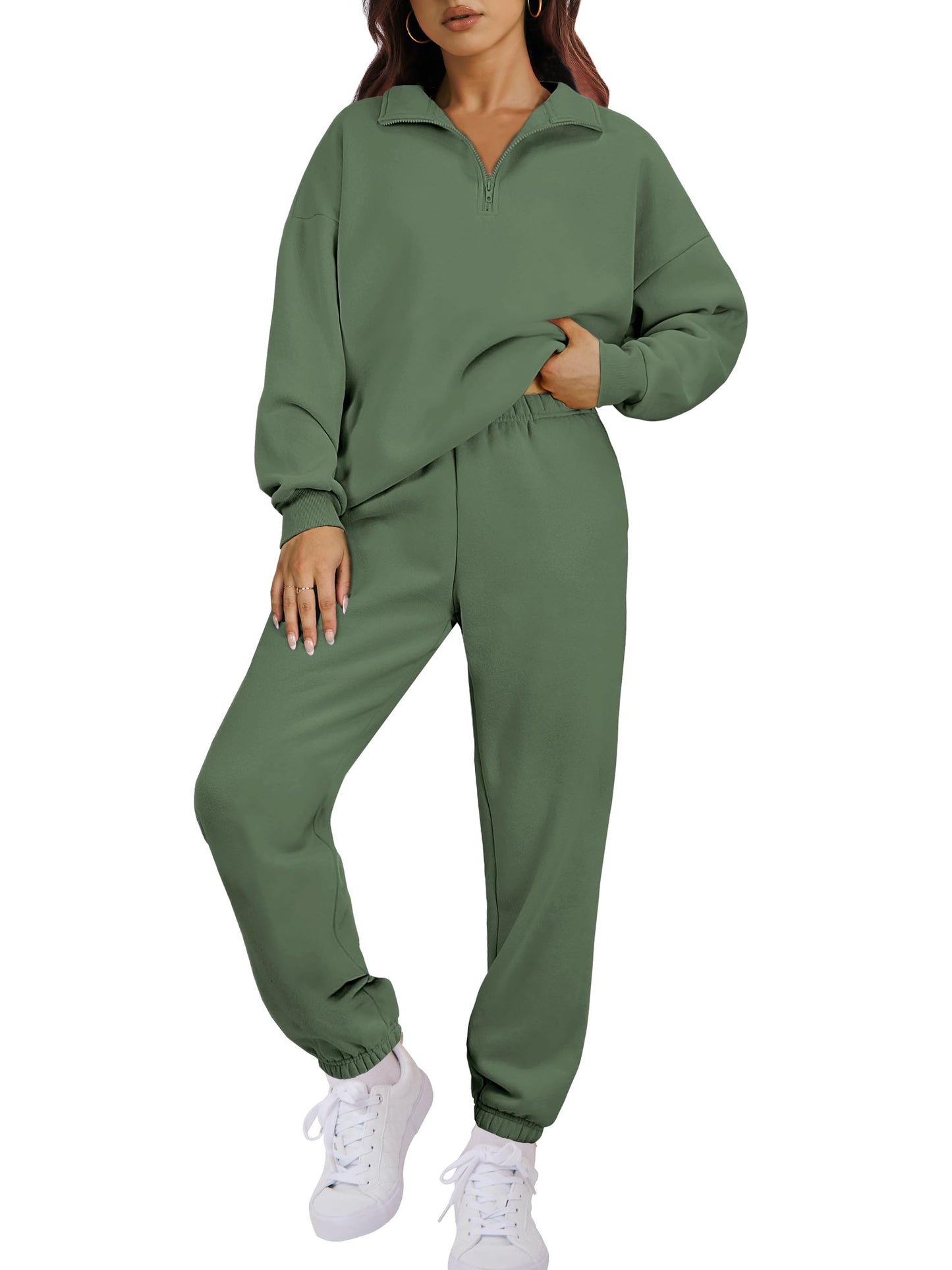 ANRABESS Women 2 Piece Outfits Sweatsuit Oversized Half Zip Sweatshirt Jogger Sweatpants Tracksuit Lounge Set 2025 Clothes