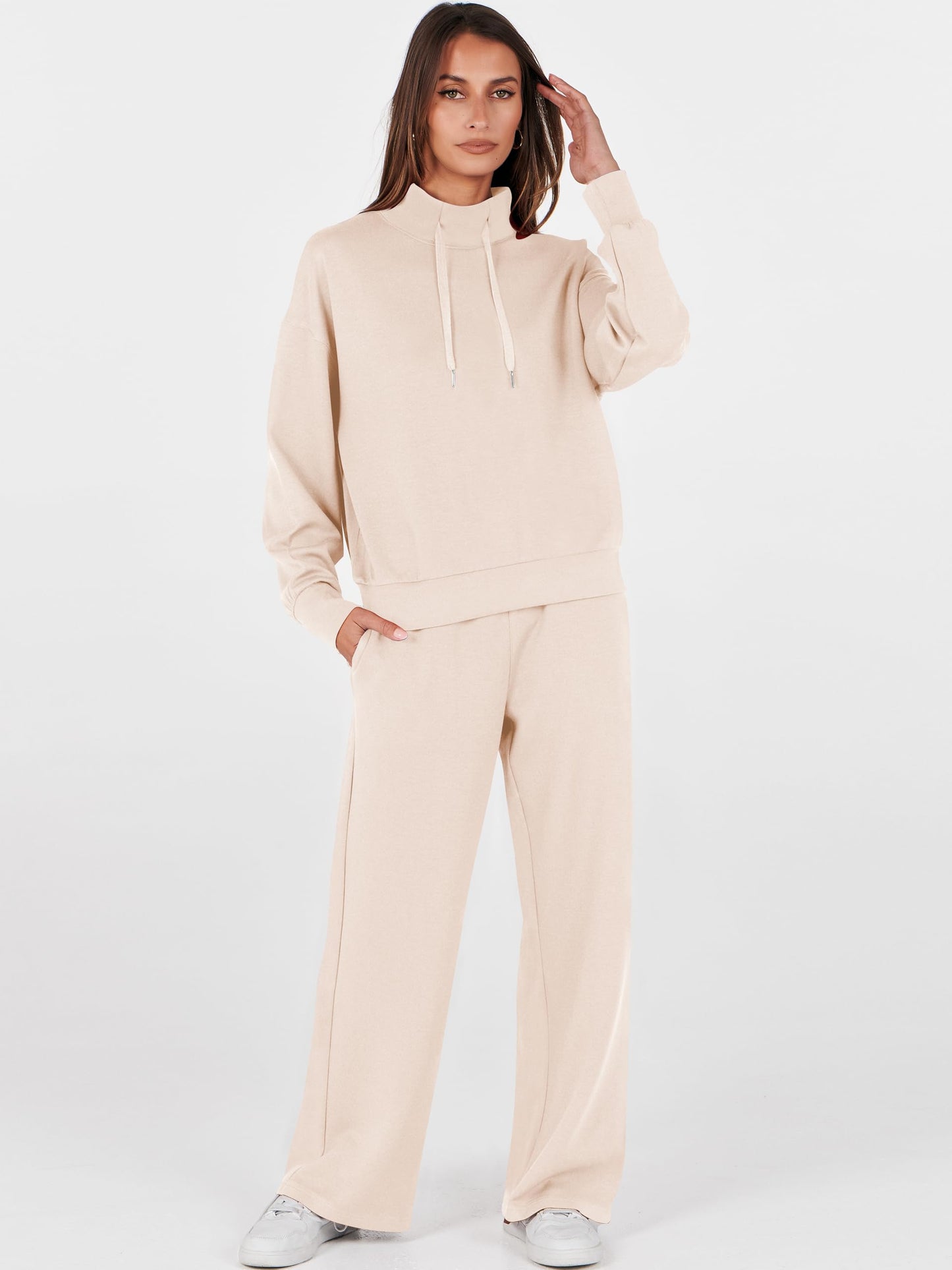 ANRABESS Womens 2 Piece Outfits Sweatsuit Set 2025 Fall Drawstring Sweatshirt Wide Leg Sweatpant Lounge Set Tracksuit