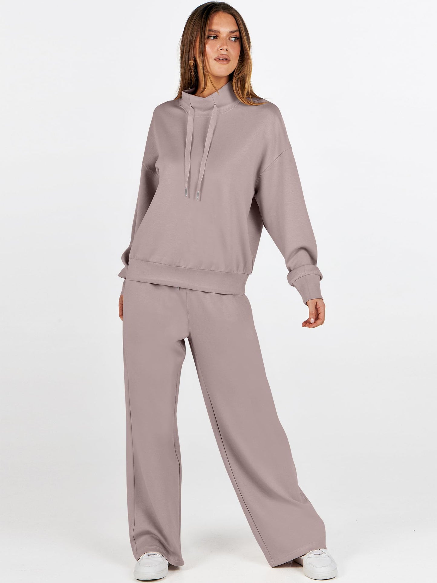 ANRABESS Womens 2 Piece Outfits Sweatsuit Set 2025 Fall Drawstring Sweatshirt Wide Leg Sweatpant Lounge Set Tracksuit