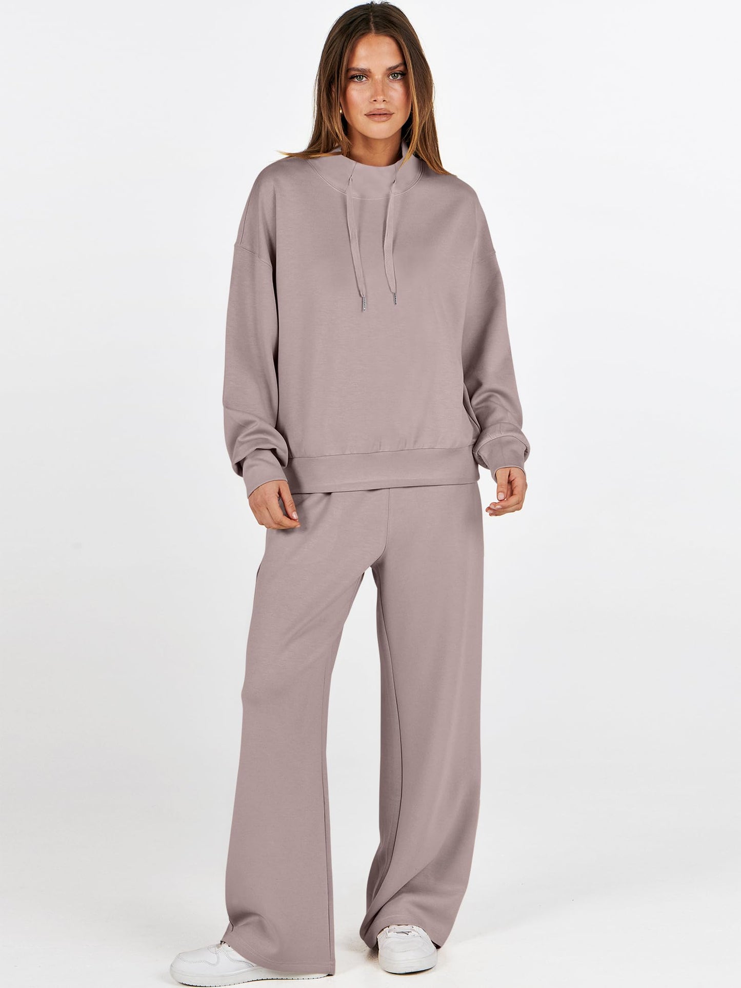 ANRABESS Womens 2 Piece Outfits Sweatsuit Set 2025 Fall Drawstring Sweatshirt Wide Leg Sweatpant Lounge Set Tracksuit