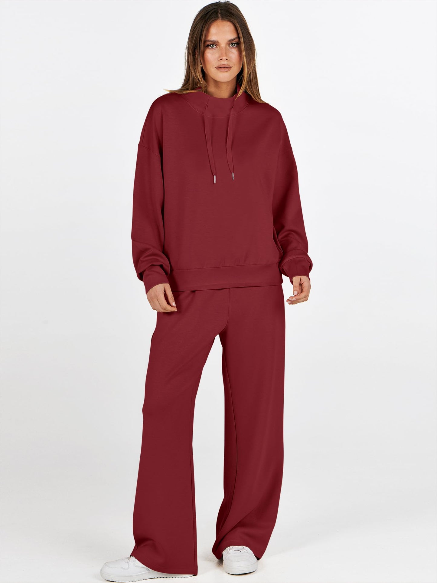 ANRABESS Womens 2 Piece Outfits Sweatsuit Set 2025 Fall Drawstring Sweatshirt Wide Leg Sweatpant Lounge Set Tracksuit