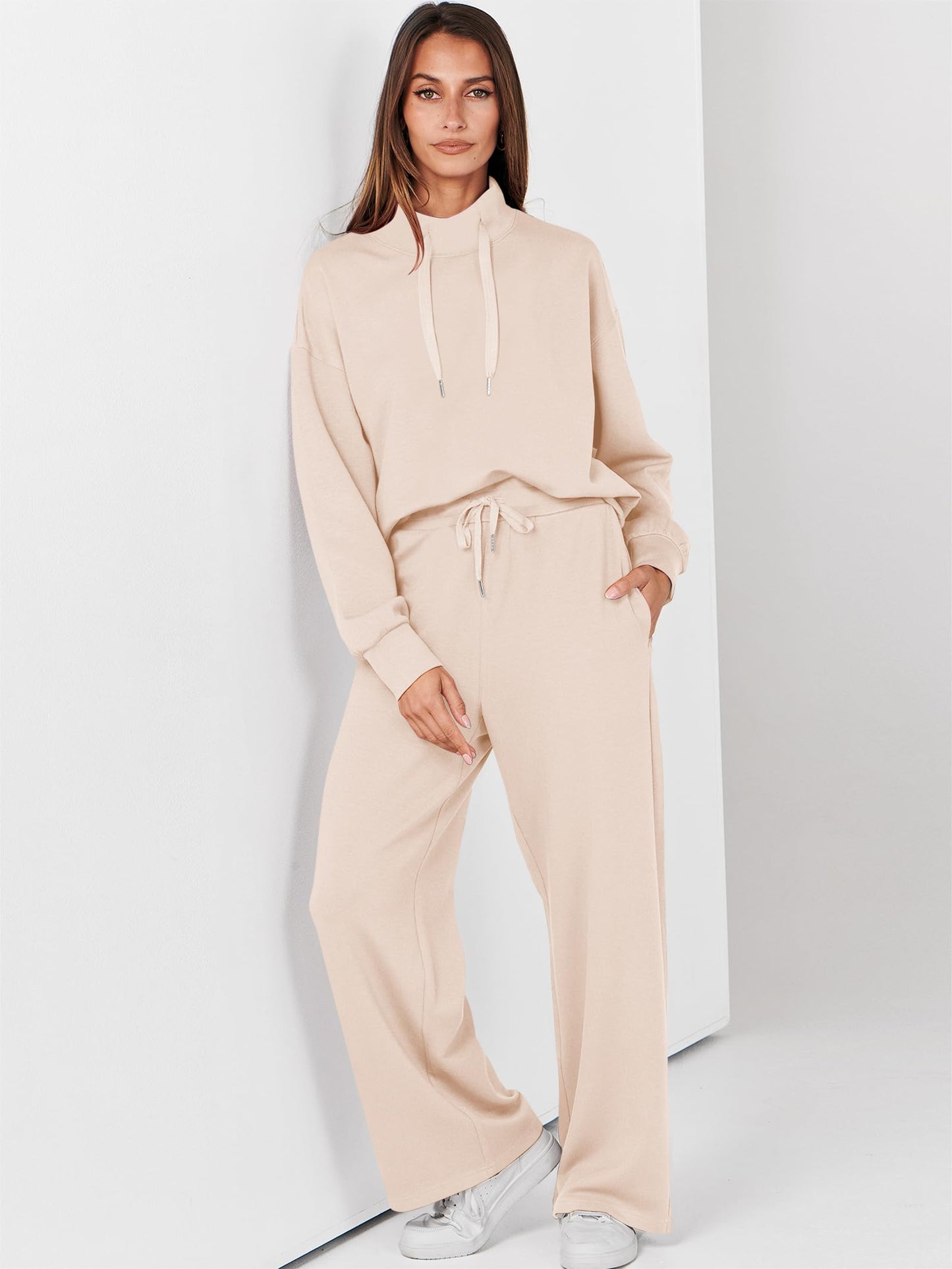 ANRABESS Womens 2 Piece Outfits Sweatsuit Set 2025 Fall Drawstring Sweatshirt Wide Leg Sweatpant Lounge Set Tracksuit