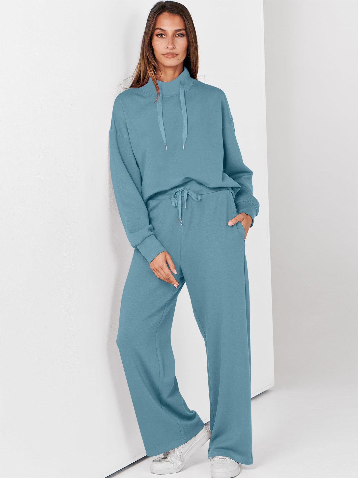 ANRABESS Womens 2 Piece Outfits Sweatsuit Set 2025 Fall Drawstring Sweatshirt Wide Leg Sweatpant Lounge Set Tracksuit