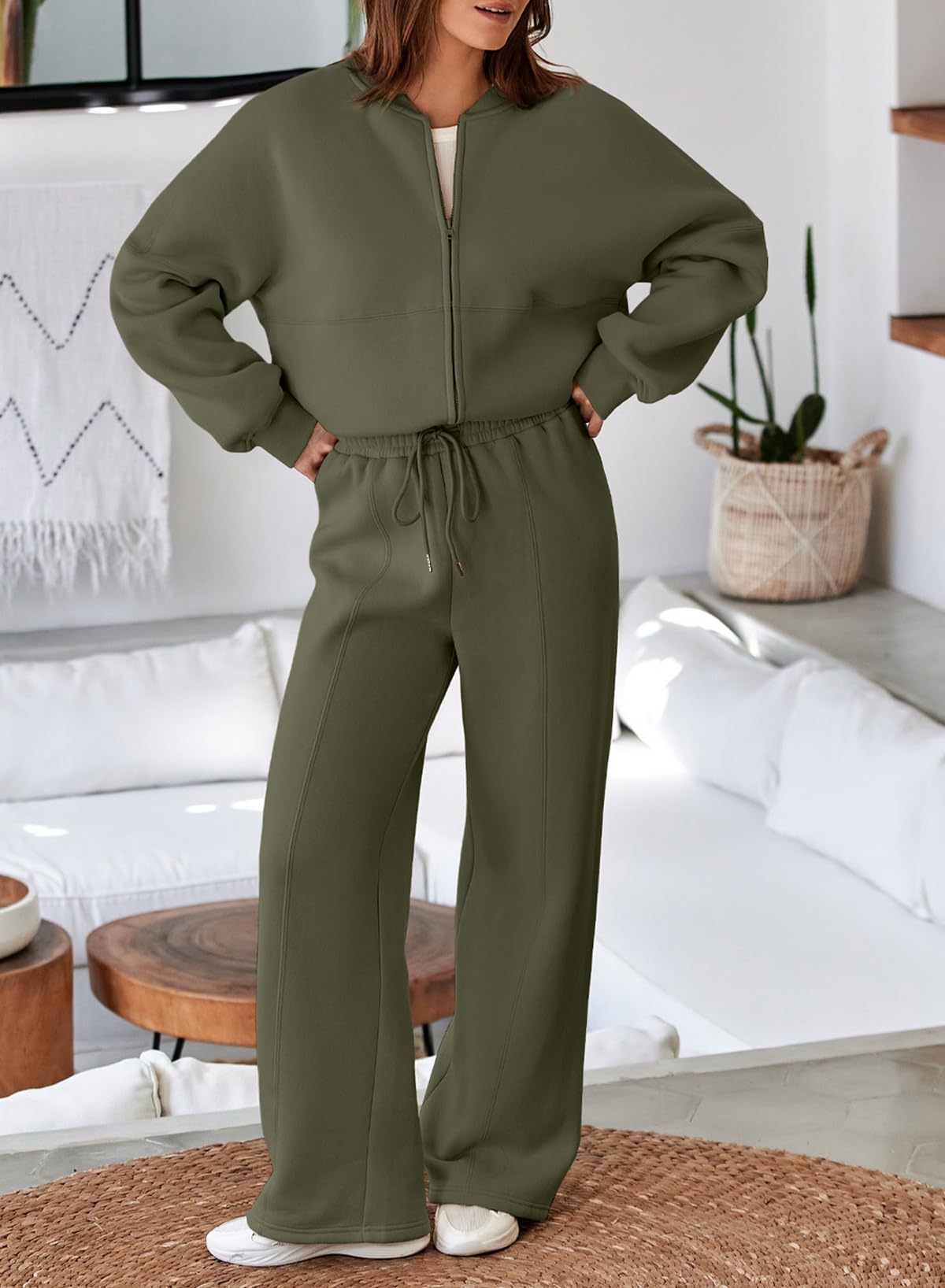 Aleumdr Women's 2 Piece Outfits Oversized Fleece Sweatsuit Zip Up Long Sleeve Sweatshirt with Wide Leg Sweatpants