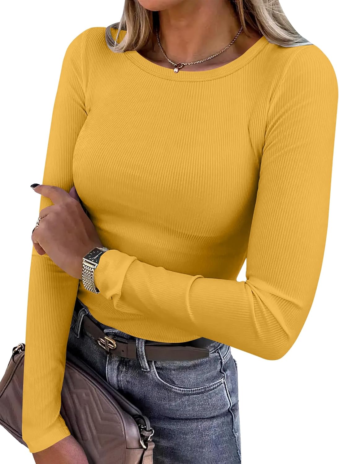 ANRABESS Women Long Sleeve Shirts Rib Knit Slim Fit Tops Basic Tee 2025 Fall Outfits Casual T-Shirt Underscrubs Layer Clothes