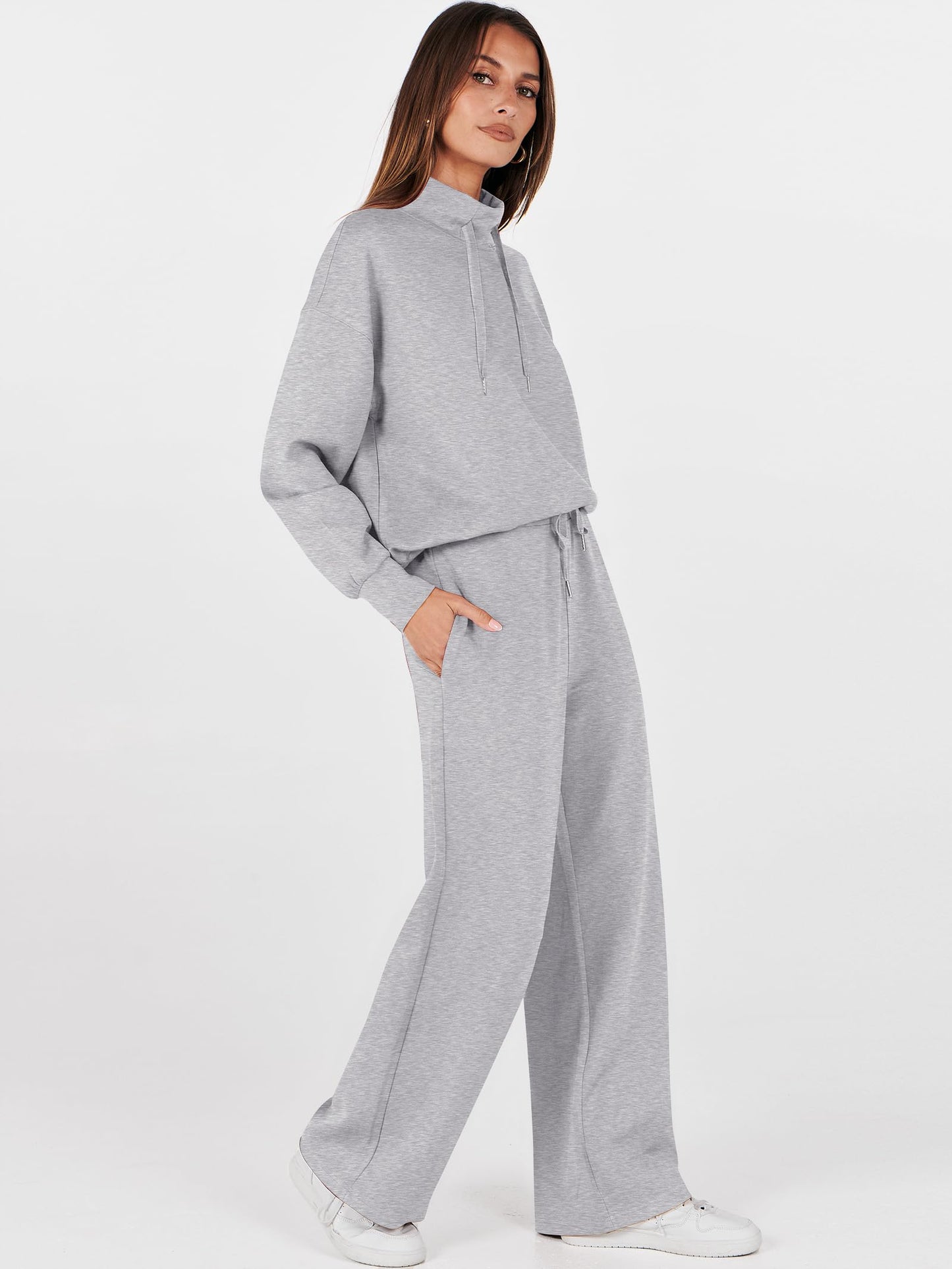 ANRABESS Womens 2 Piece Outfits Sweatsuit Set 2025 Fall Drawstring Sweatshirt Wide Leg Sweatpant Lounge Set Tracksuit