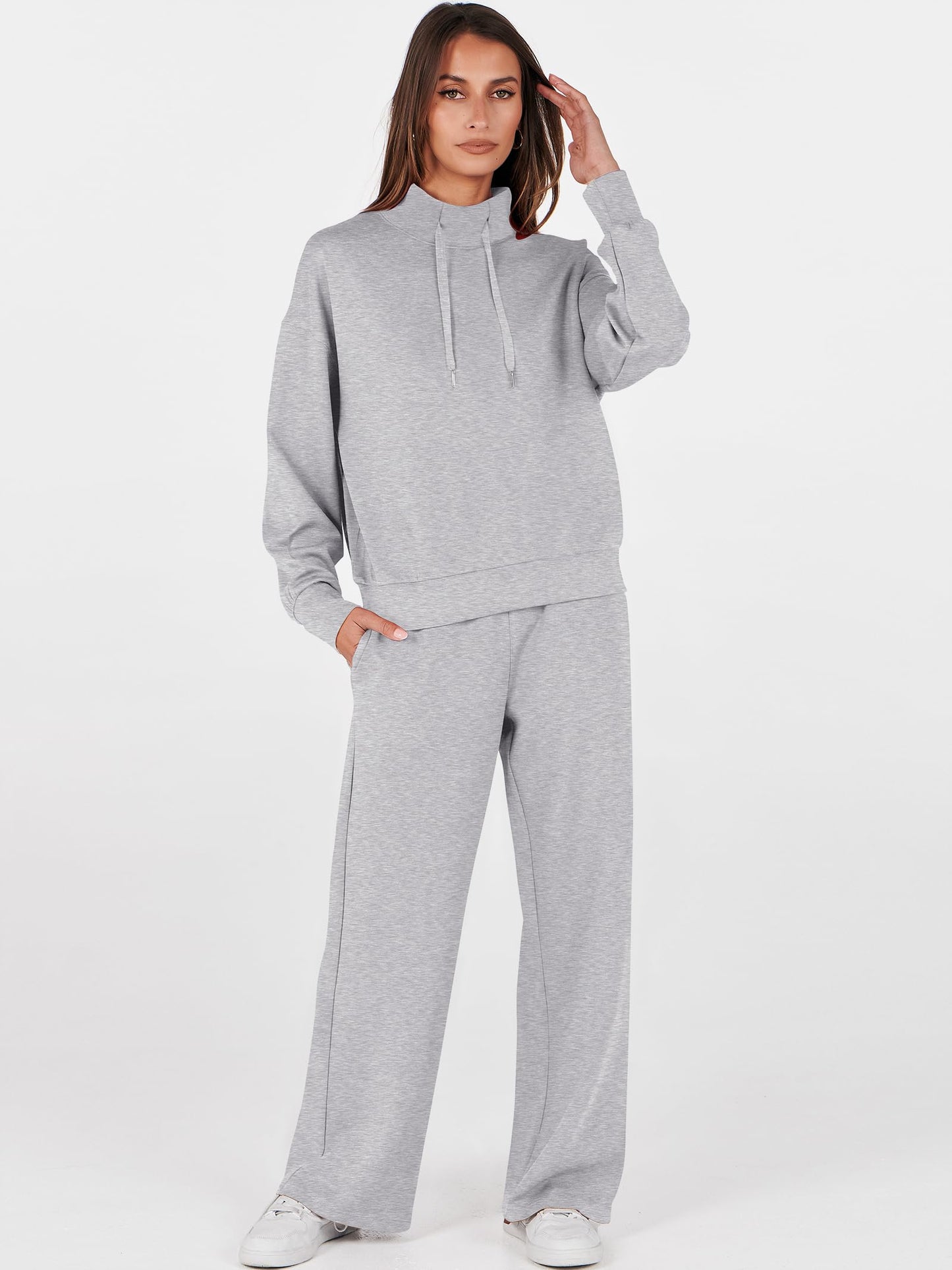 ANRABESS Womens 2 Piece Outfits Sweatsuit Set 2025 Fall Drawstring Sweatshirt Wide Leg Sweatpant Lounge Set Tracksuit