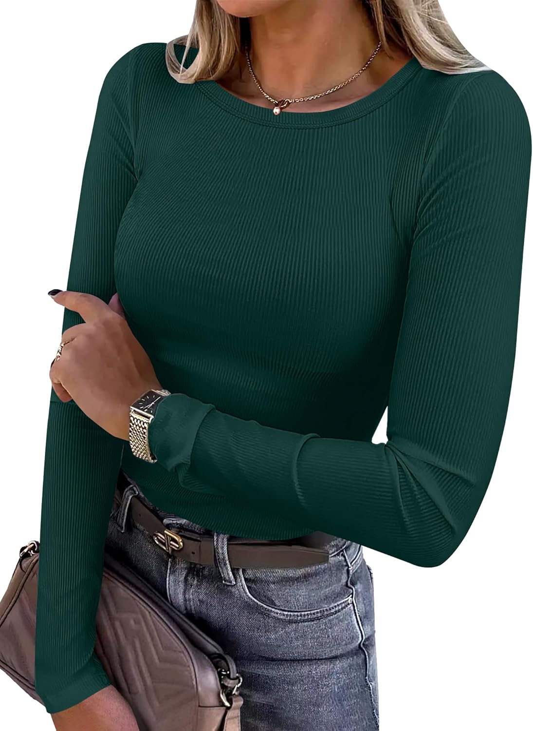 ANRABESS Women Long Sleeve Shirts Rib Knit Slim Fit Tops Basic Tee 2025 Fall Outfits Casual T-Shirt Underscrubs Layer Clothes