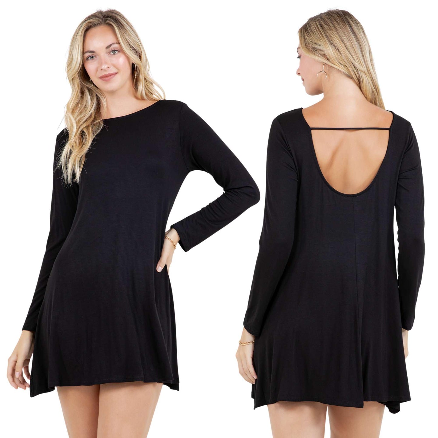 Azules Women's Long Sleeve Tunic Dress Casual Boat Neck Swing Dress with Scoop Back