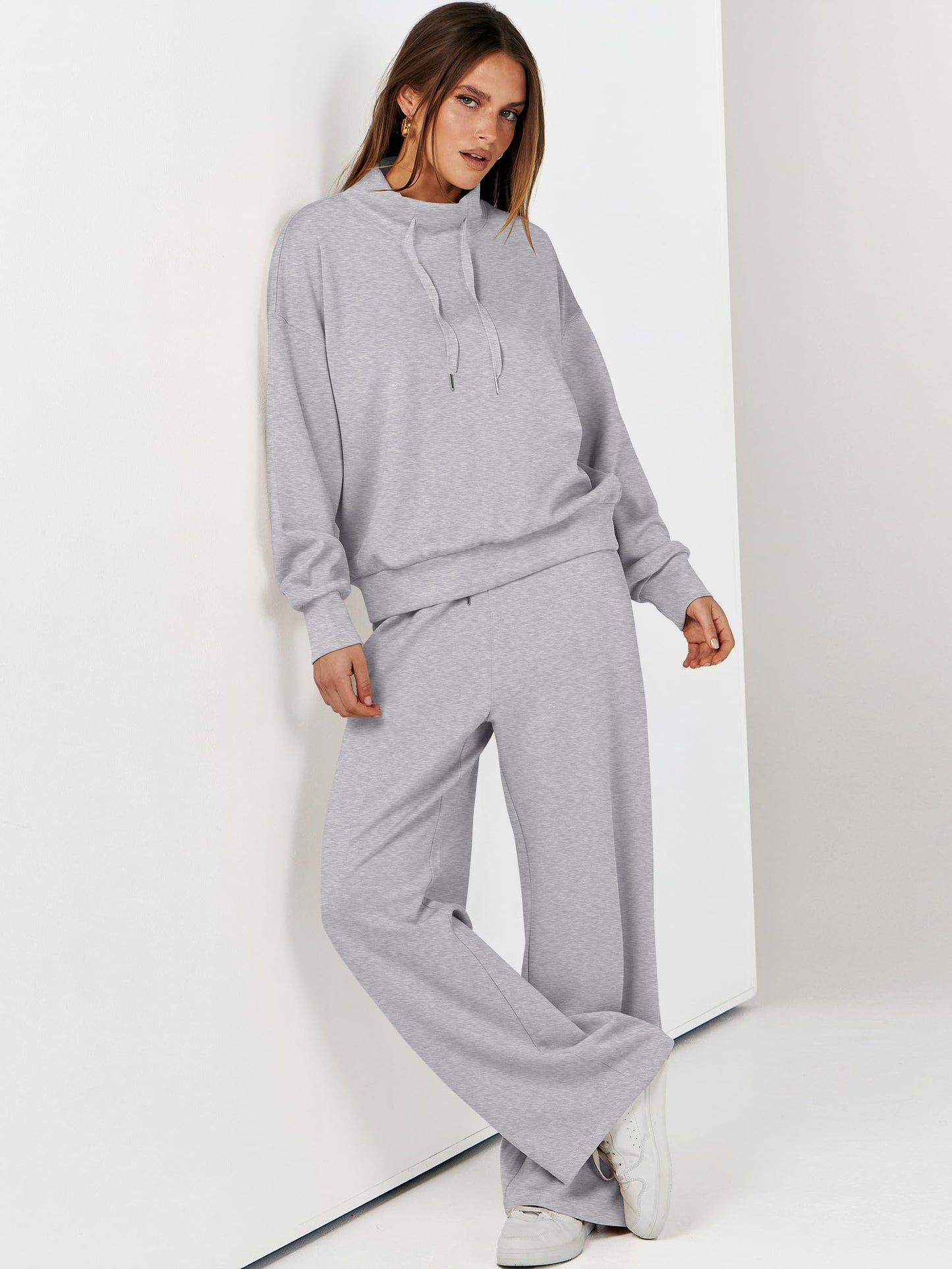 ANRABESS Womens 2 Piece Outfits Sweatsuit Set 2025 Fall Drawstring Sweatshirt Wide Leg Sweatpant Lounge Set Tracksuit