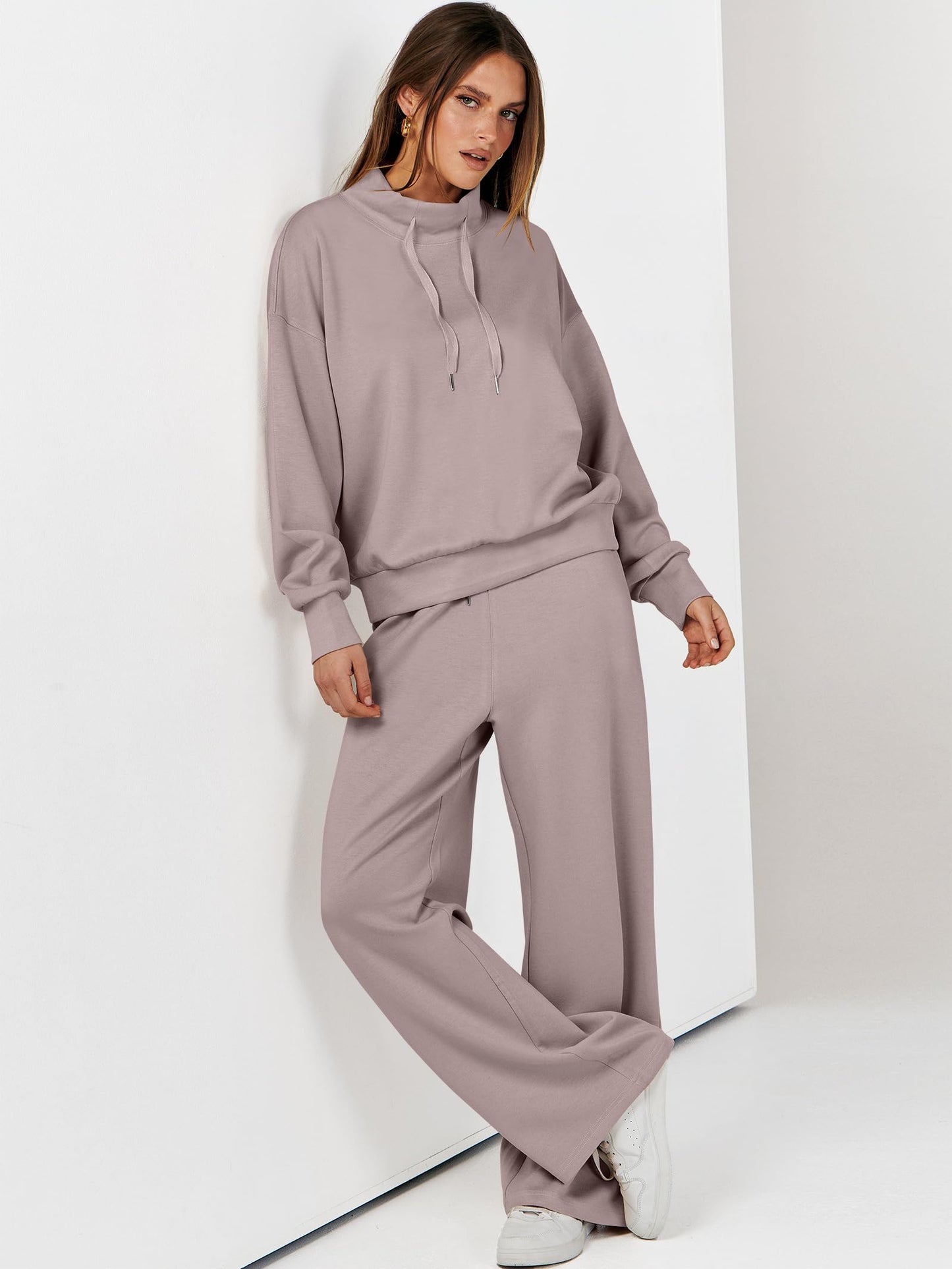 ANRABESS Womens 2 Piece Outfits Sweatsuit Set 2025 Fall Drawstring Sweatshirt Wide Leg Sweatpant Lounge Set Tracksuit