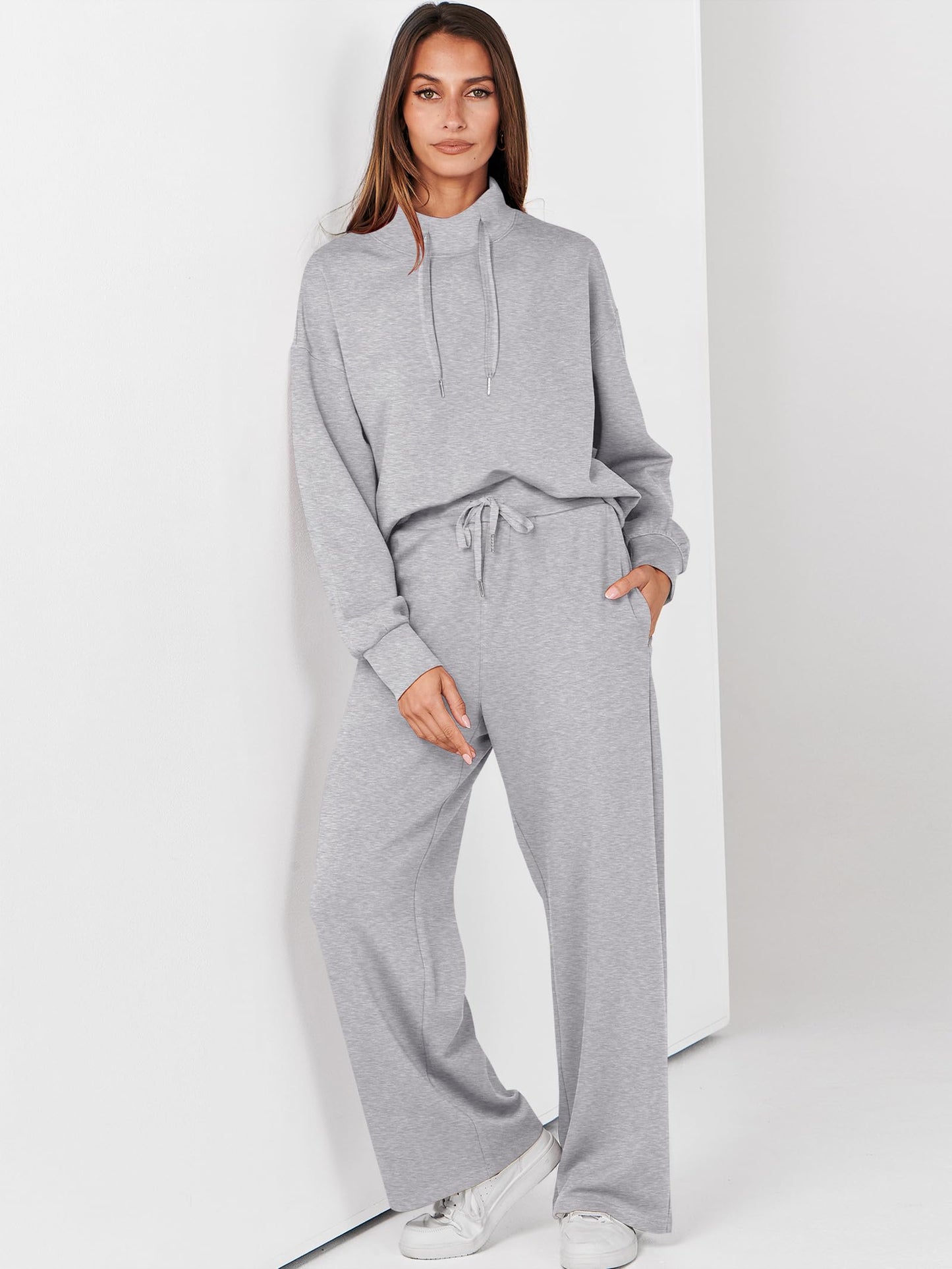 ANRABESS Womens 2 Piece Outfits Sweatsuit Set 2025 Fall Drawstring Sweatshirt Wide Leg Sweatpant Lounge Set Tracksuit