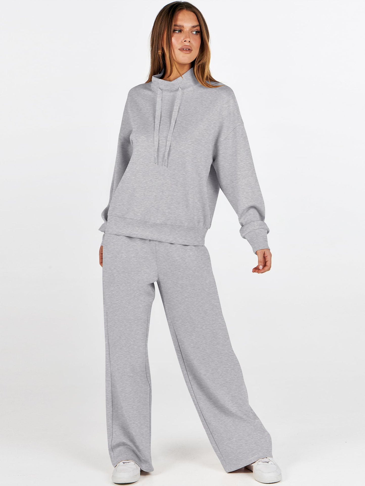 ANRABESS Womens 2 Piece Outfits Sweatsuit Set 2025 Fall Drawstring Sweatshirt Wide Leg Sweatpant Lounge Set Tracksuit