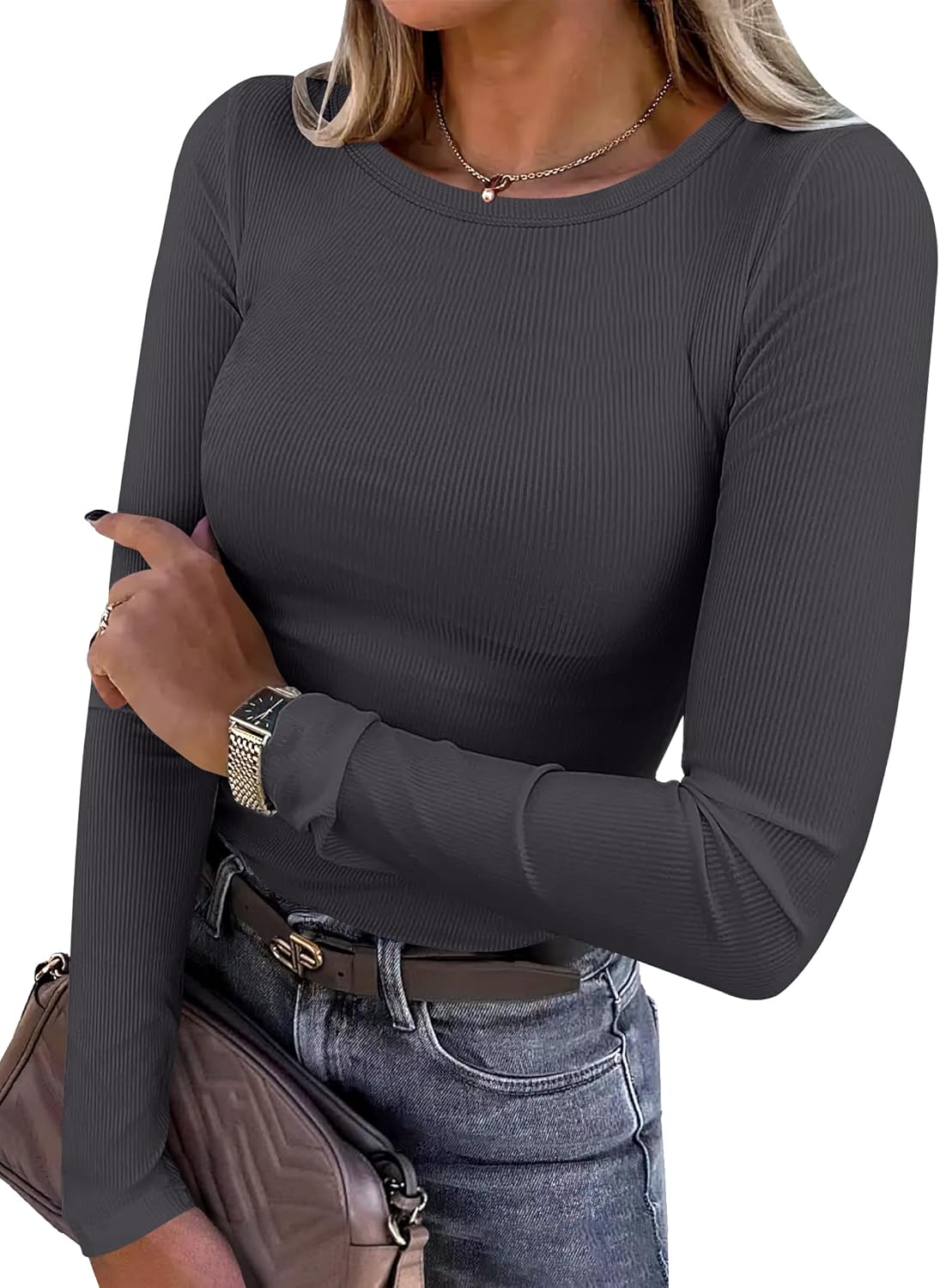 ANRABESS Women Long Sleeve Shirts Rib Knit Slim Fit Tops Basic Tee 2025 Fall Outfits Casual T-Shirt Underscrubs Layer Clothes