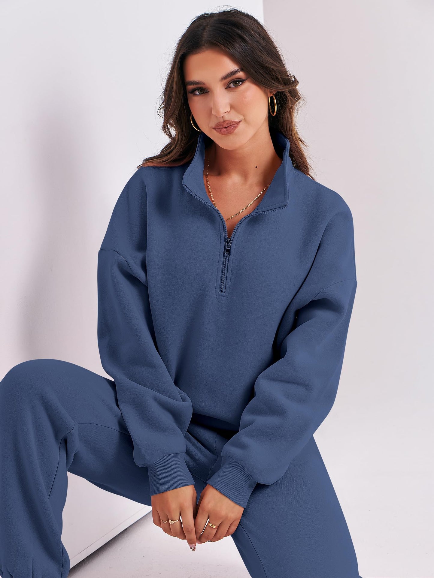 ANRABESS Women 2 Piece Outfits Sweatsuit Oversized Half Zip Sweatshirt Jogger Sweatpants Tracksuit Lounge Set 2025 Clothes