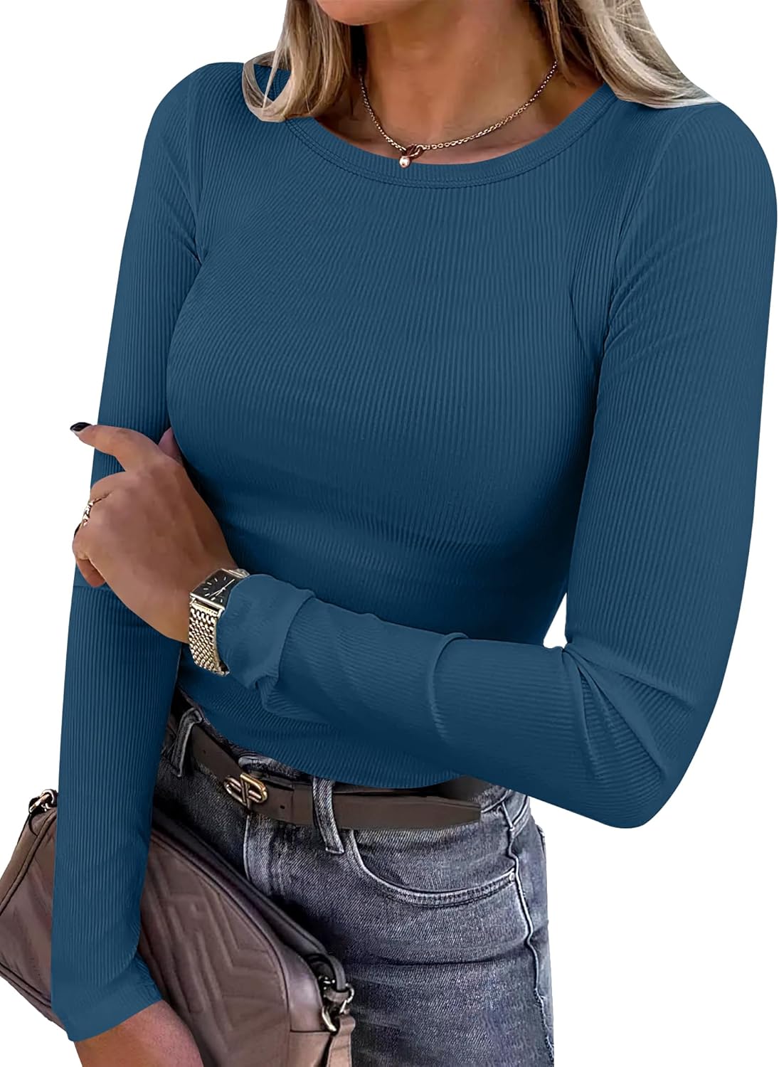 ANRABESS Women Long Sleeve Shirts Rib Knit Slim Fit Tops Basic Tee 2025 Fall Outfits Casual T-Shirt Underscrubs Layer Clothes