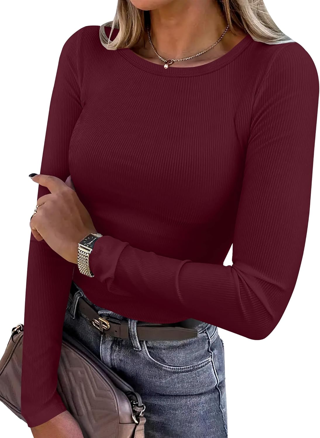 ANRABESS Women Long Sleeve Shirts Rib Knit Slim Fit Tops Basic Tee 2025 Fall Outfits Casual T-Shirt Underscrubs Layer Clothes